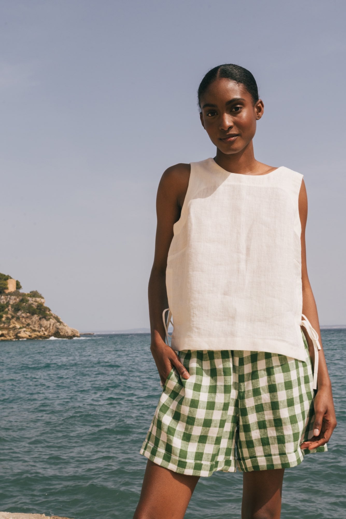 Rosie linen top with ties XL Green Gingham