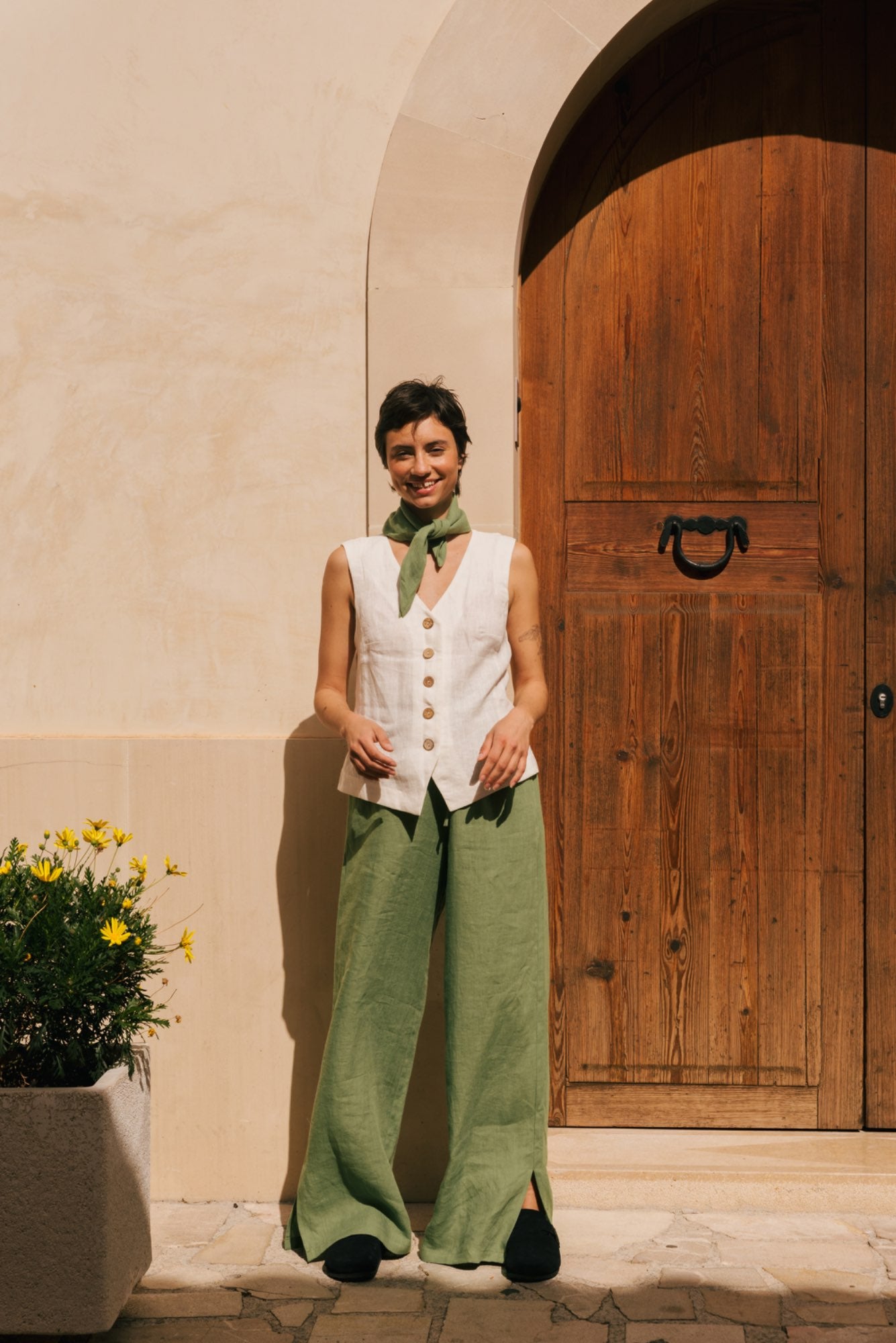 Leah wide linen pants with slits S Matcha Green