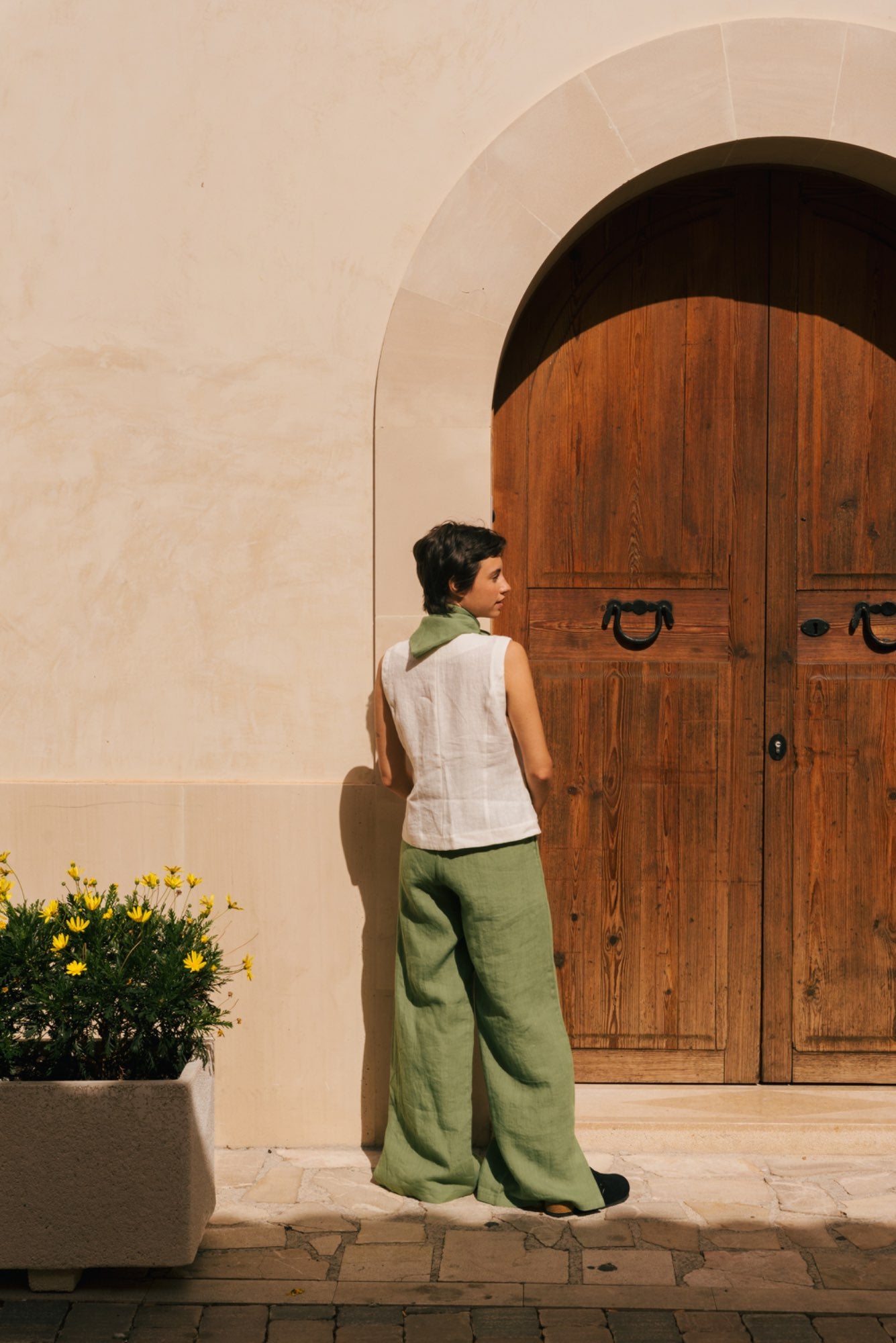 Leah wide linen pants with slits S Matcha Green