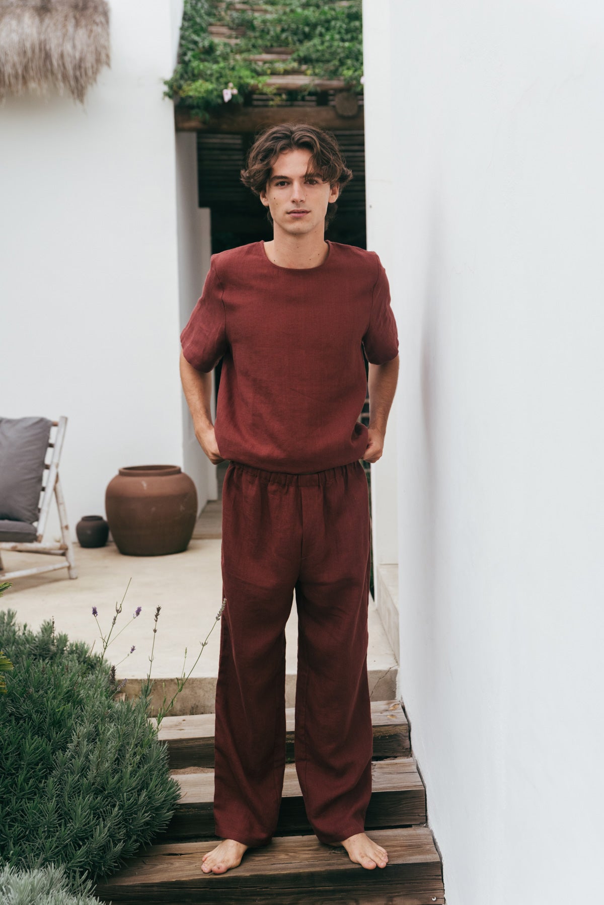 Linen short sleeve pyjama set LEO in Terracotta