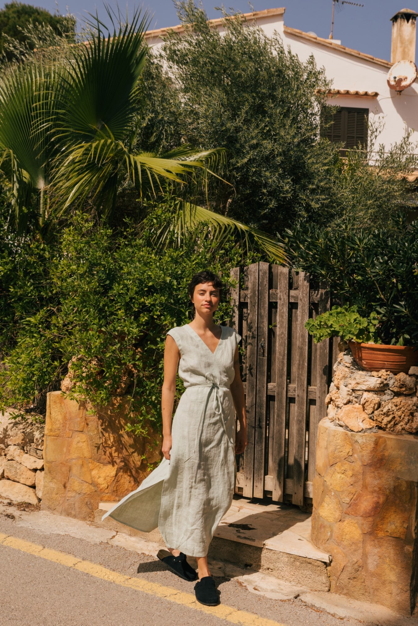 Aurora mid-length linen dress in Sage Green