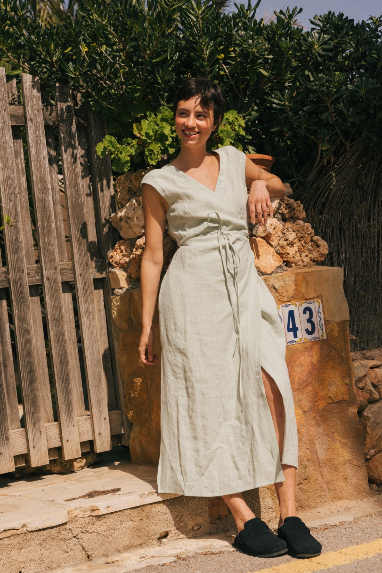 Aurora mid-length linen dress in Sage Green