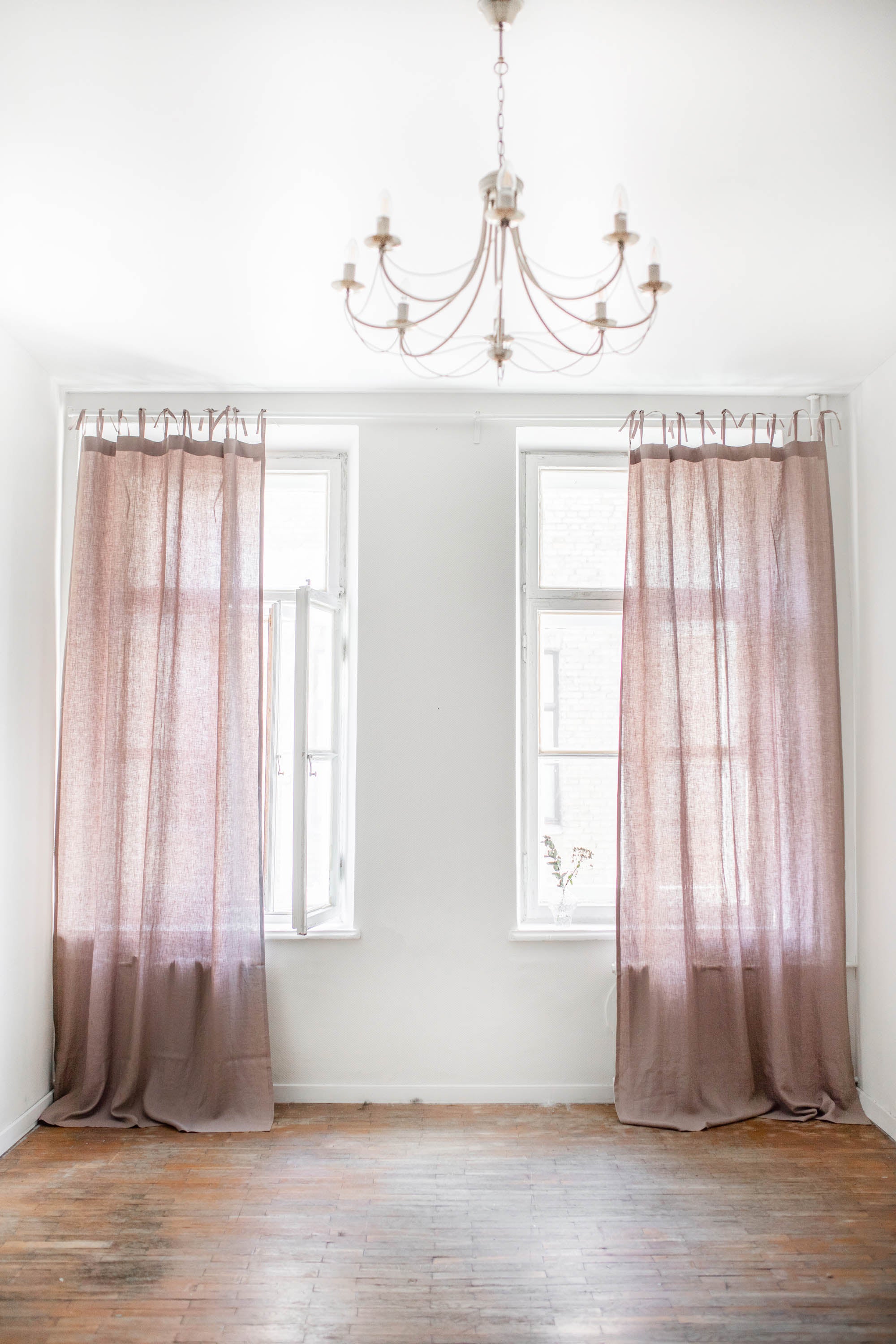 Tie top linen curtain in Rosy Brown