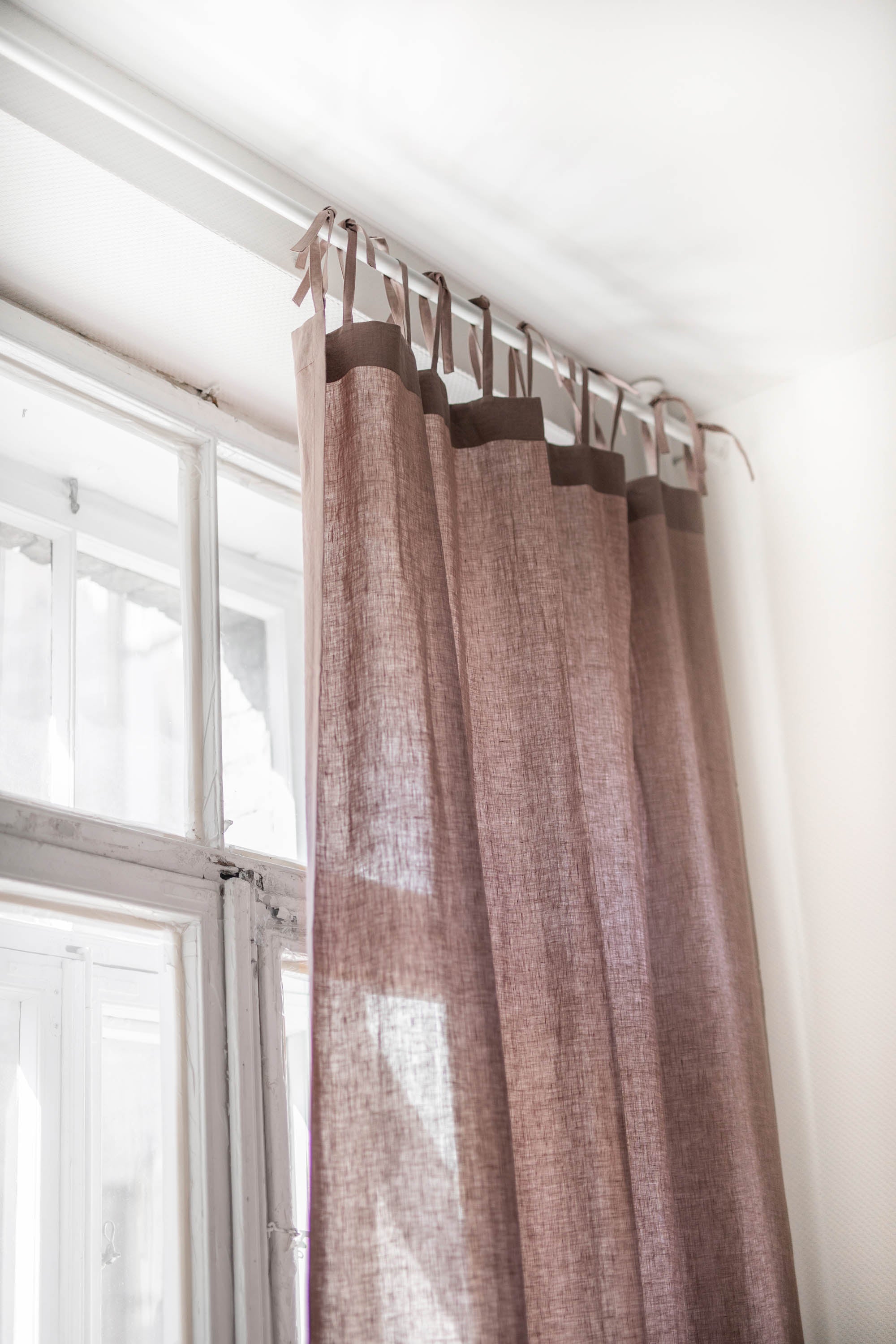 Tie top linen curtain in Rosy Brown