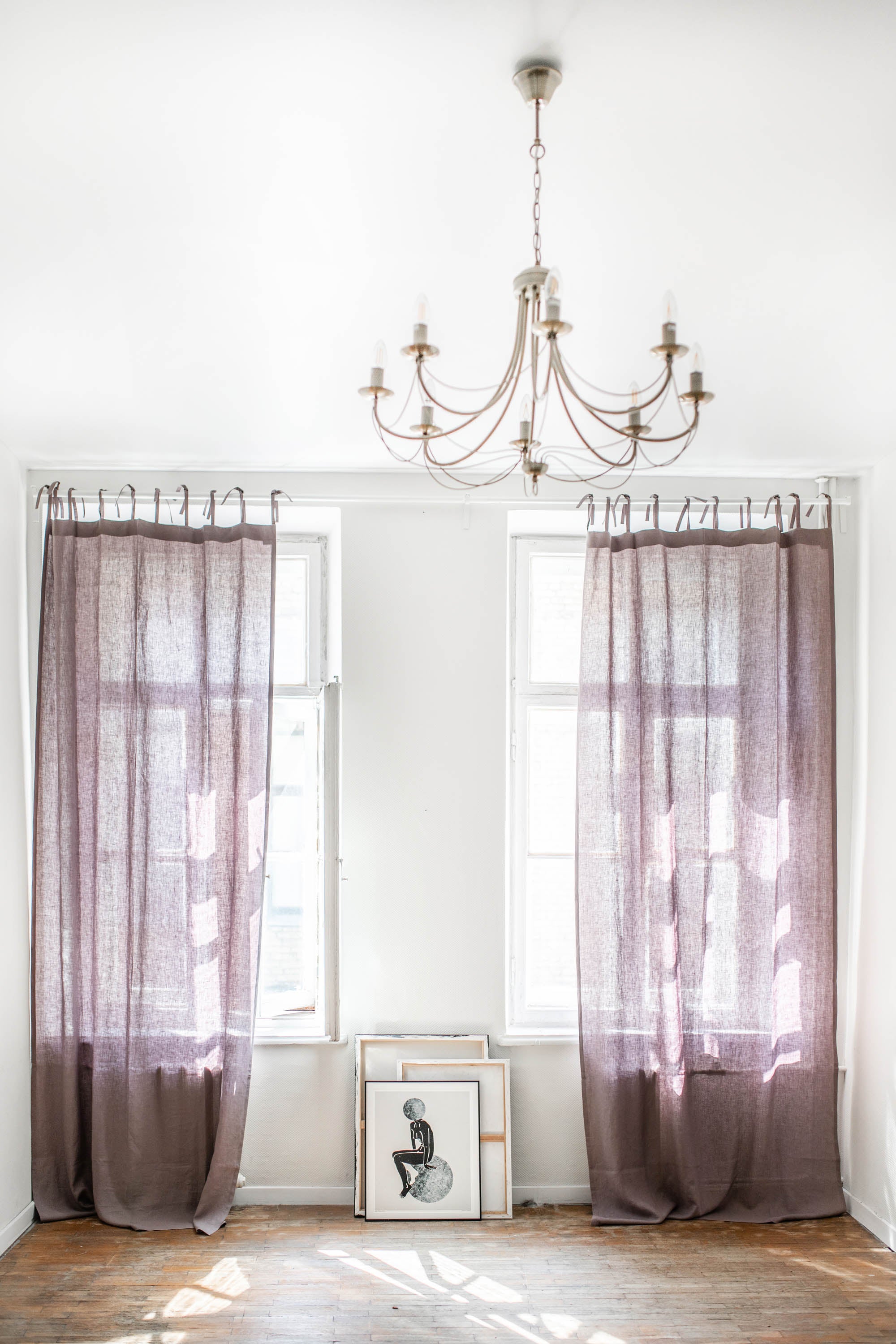 Tie top linen curtain in Dusty Lavender