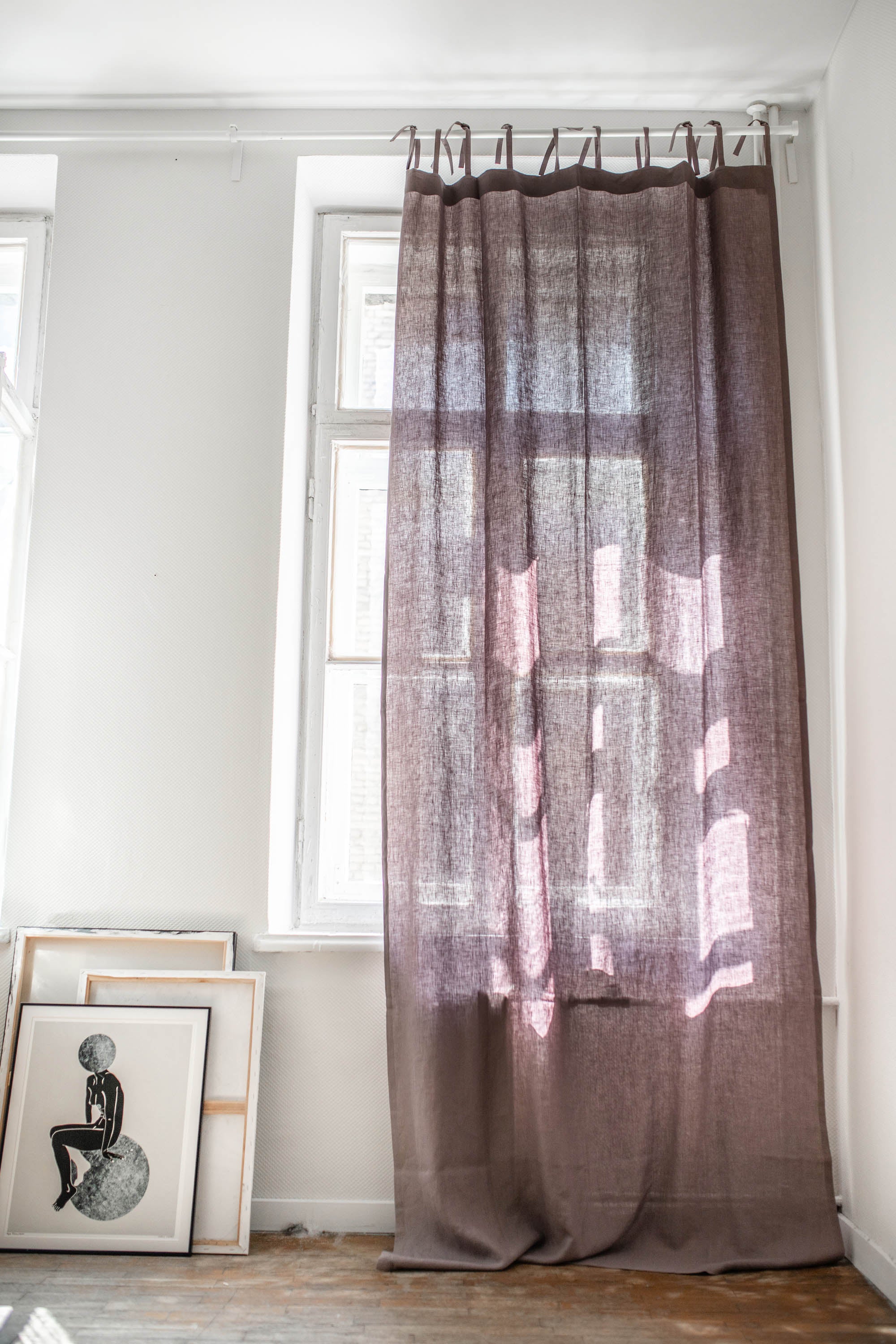 Tie top linen curtain in Dusty Lavender