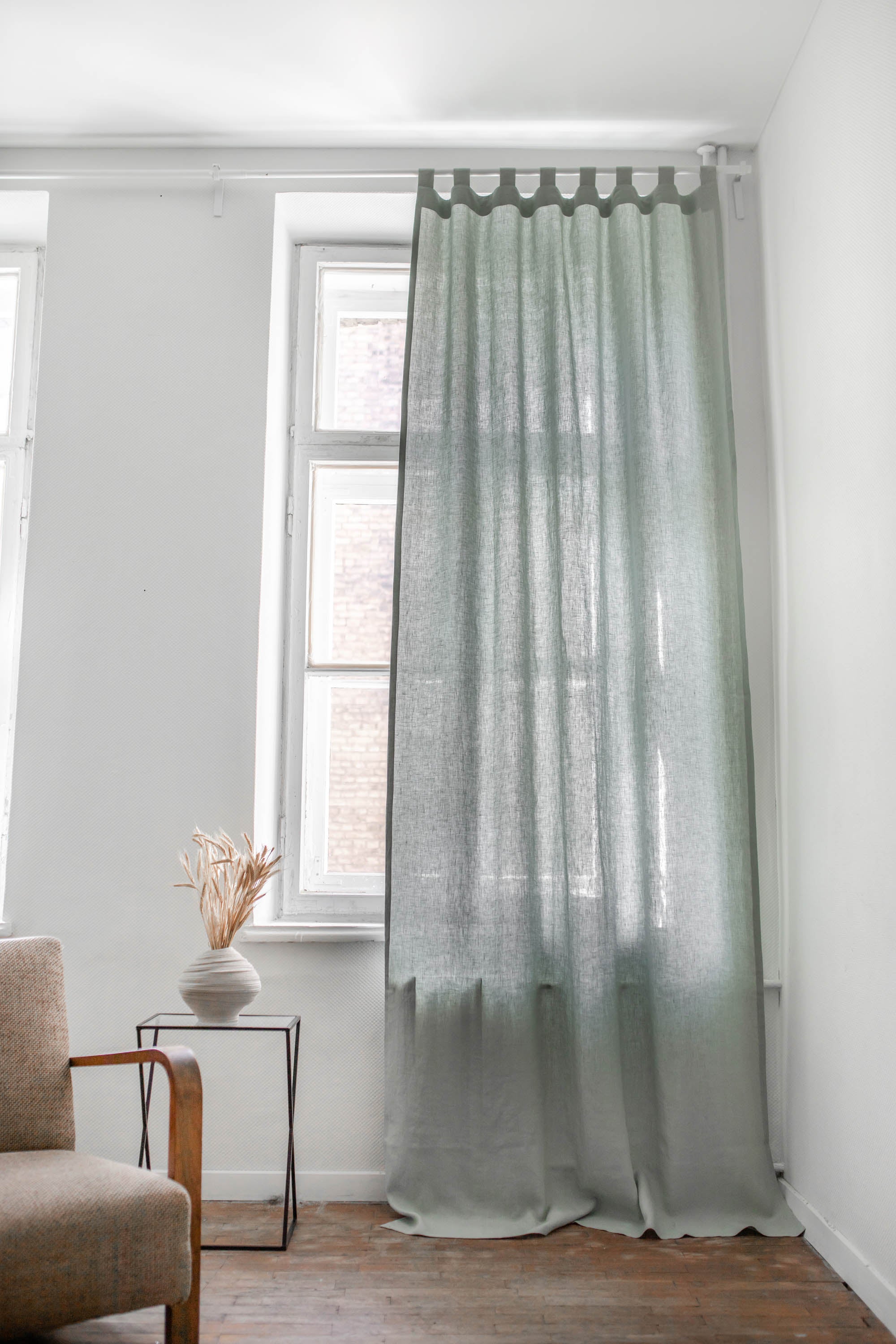 Tab top linen curtain in Sage Green