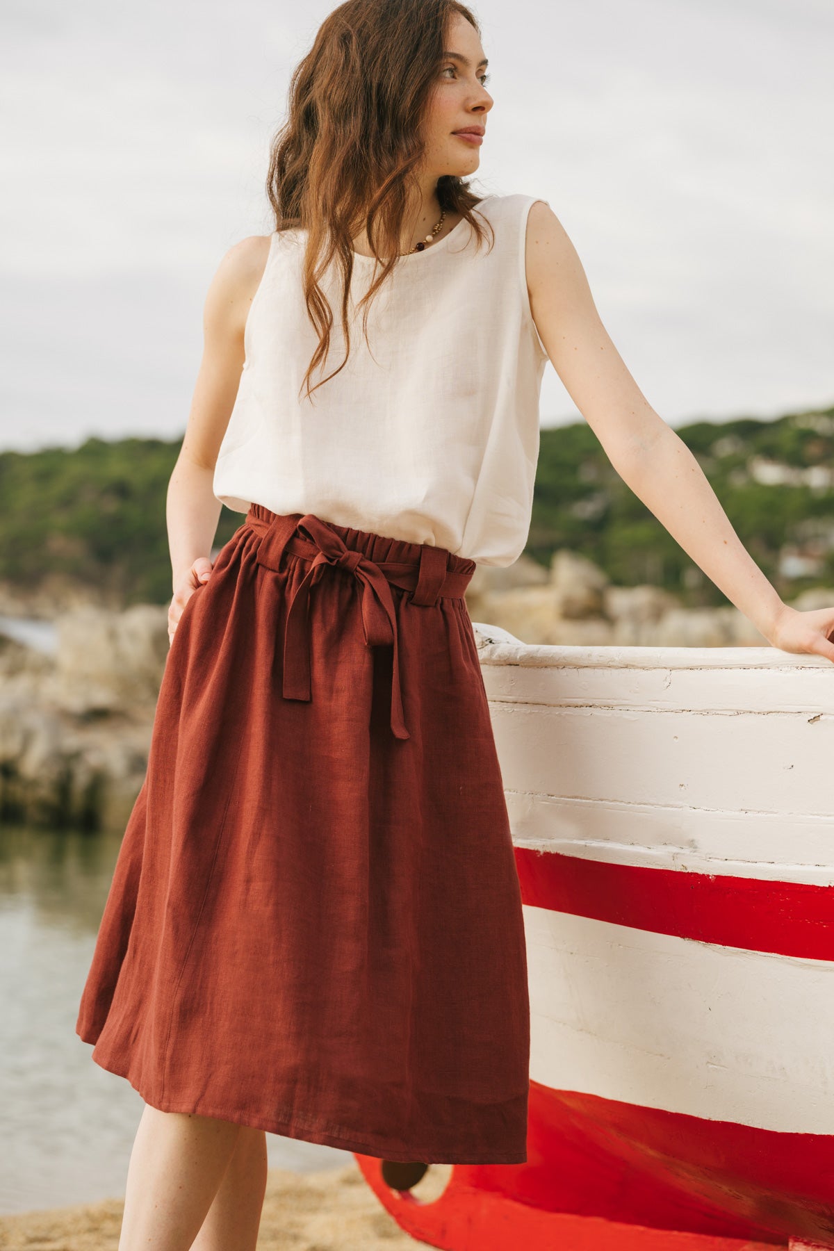 Bergen mid length linen skirt in Terracotta