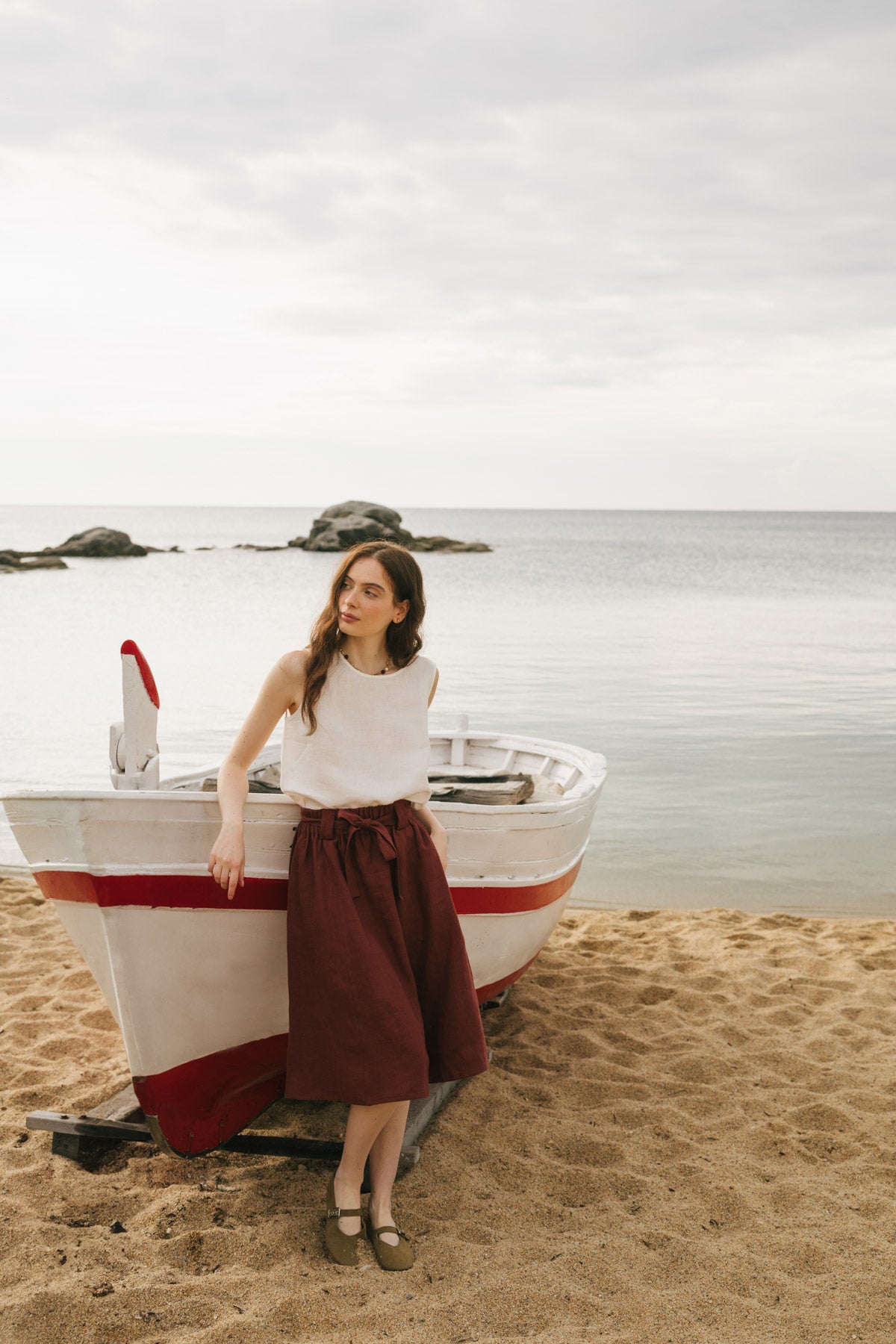 Bergen mid length linen skirt in Terracotta