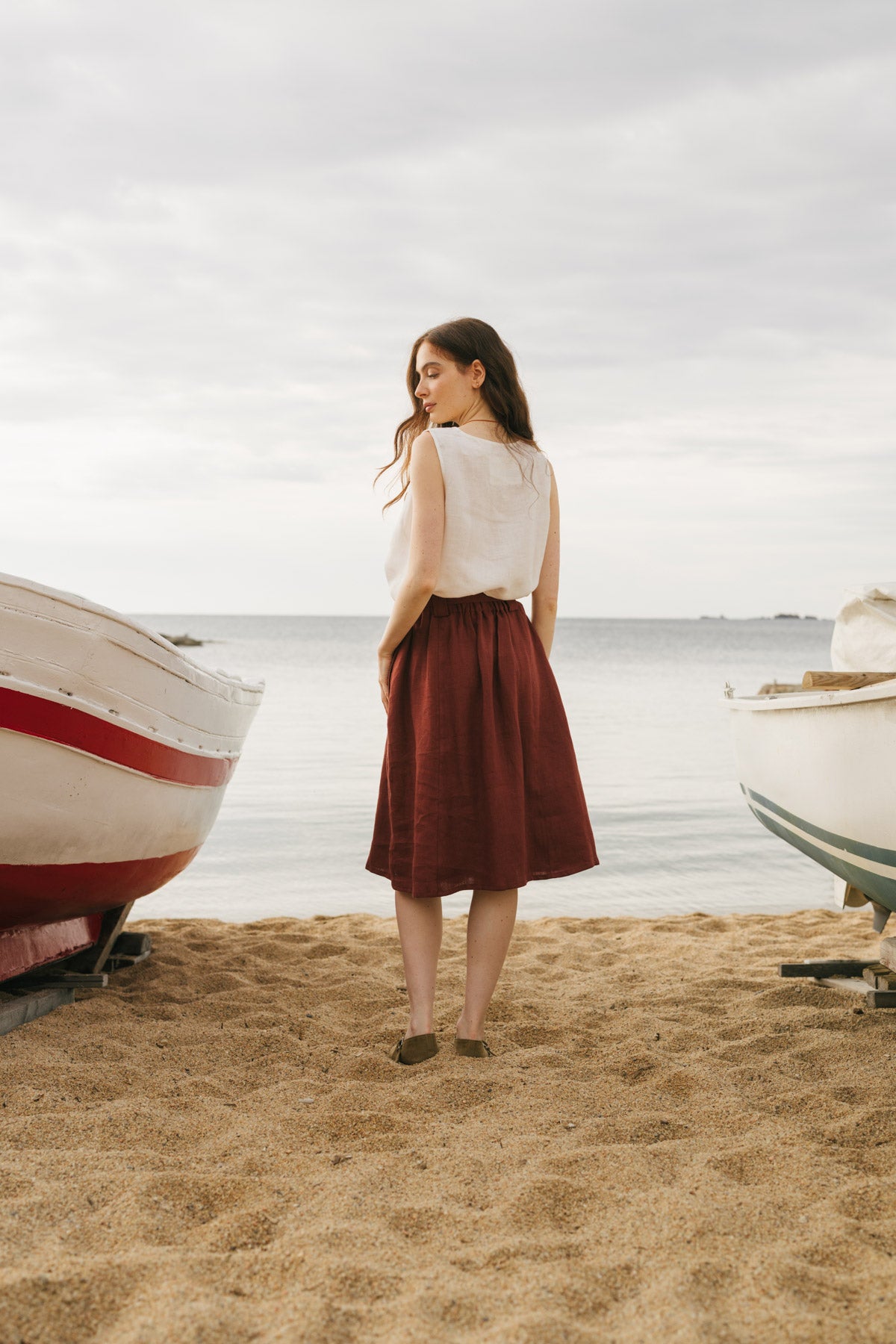 Bergen mid length linen skirt in Terracotta