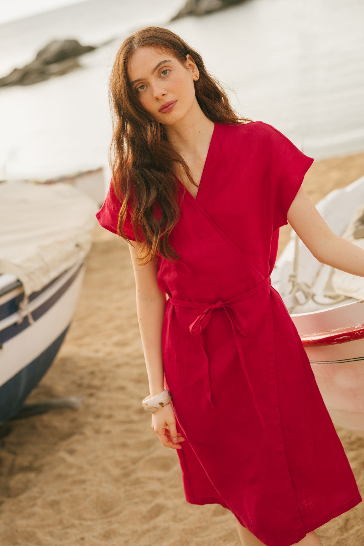 red linen wrap dress Red Linen Wrap Dress Elegant Sleeveless Midi Dress