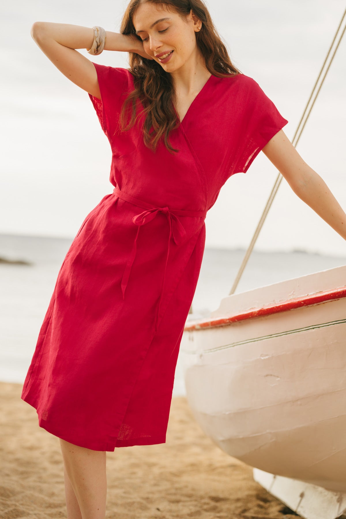 Olivia linen wrap dress in Viva Magenta