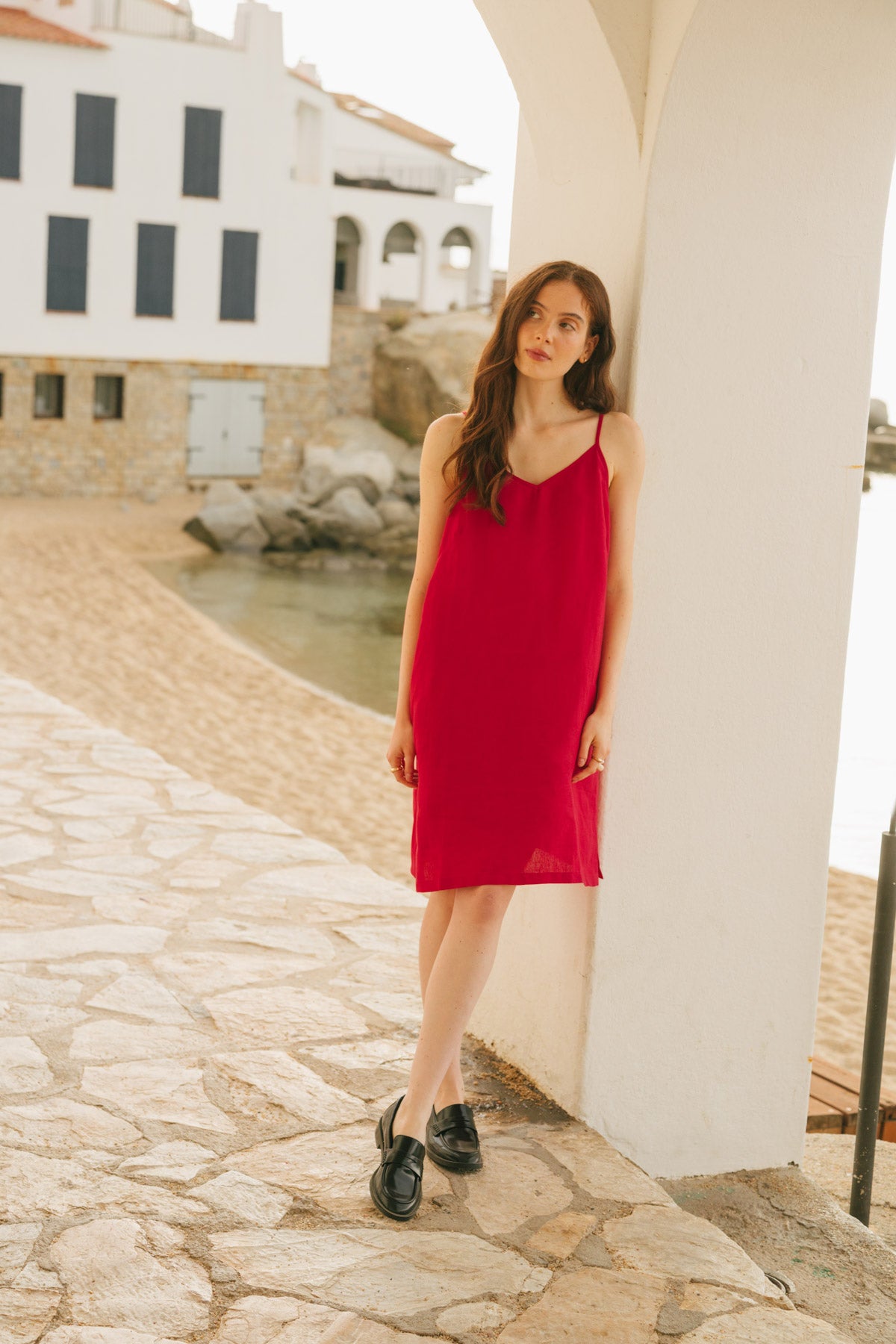 Zoe linen slip dress in Viva Magenta