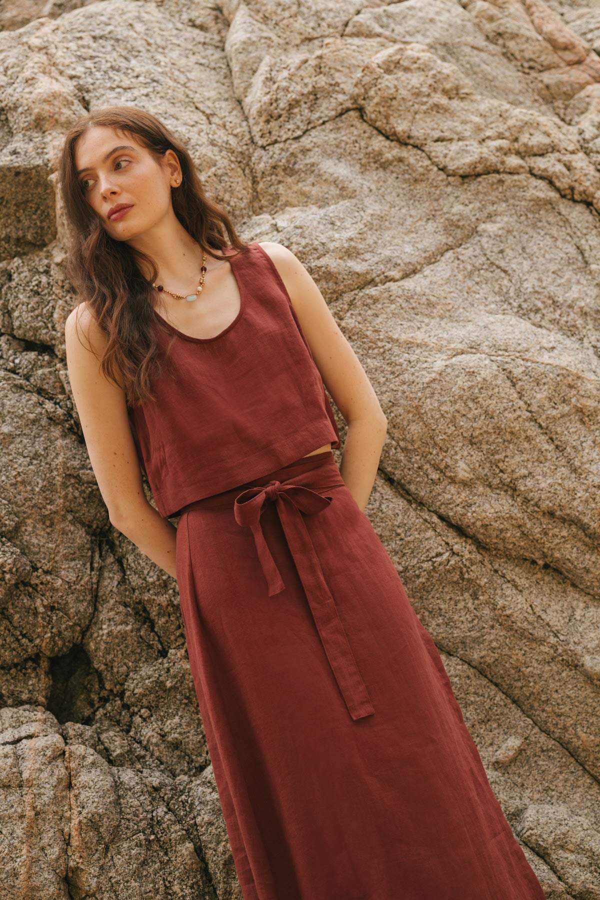 Iris linen wrap skirt in Terracotta
