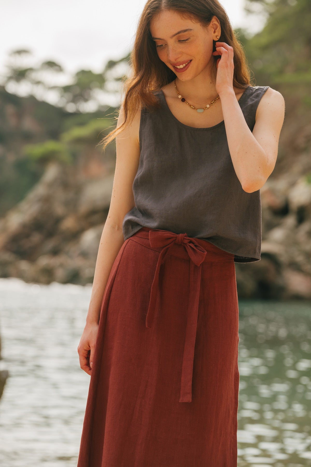 Ella pinafore linen top in Charcoal