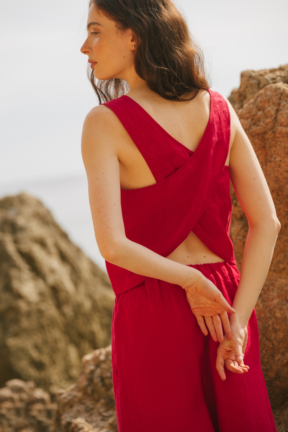 Ella pinafore linen top in Viva Magenta