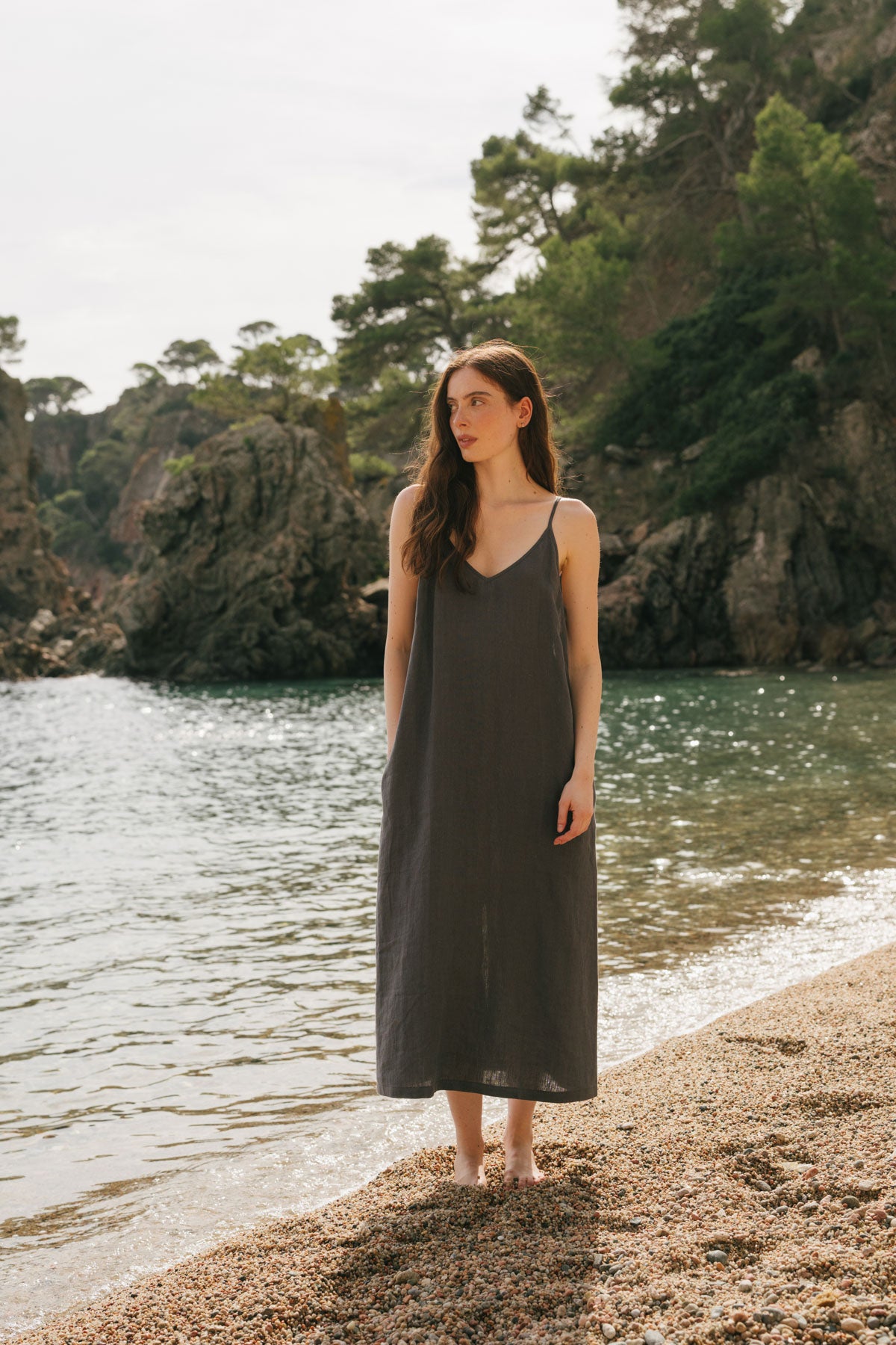 Jakarta long linen dress in Charcoal