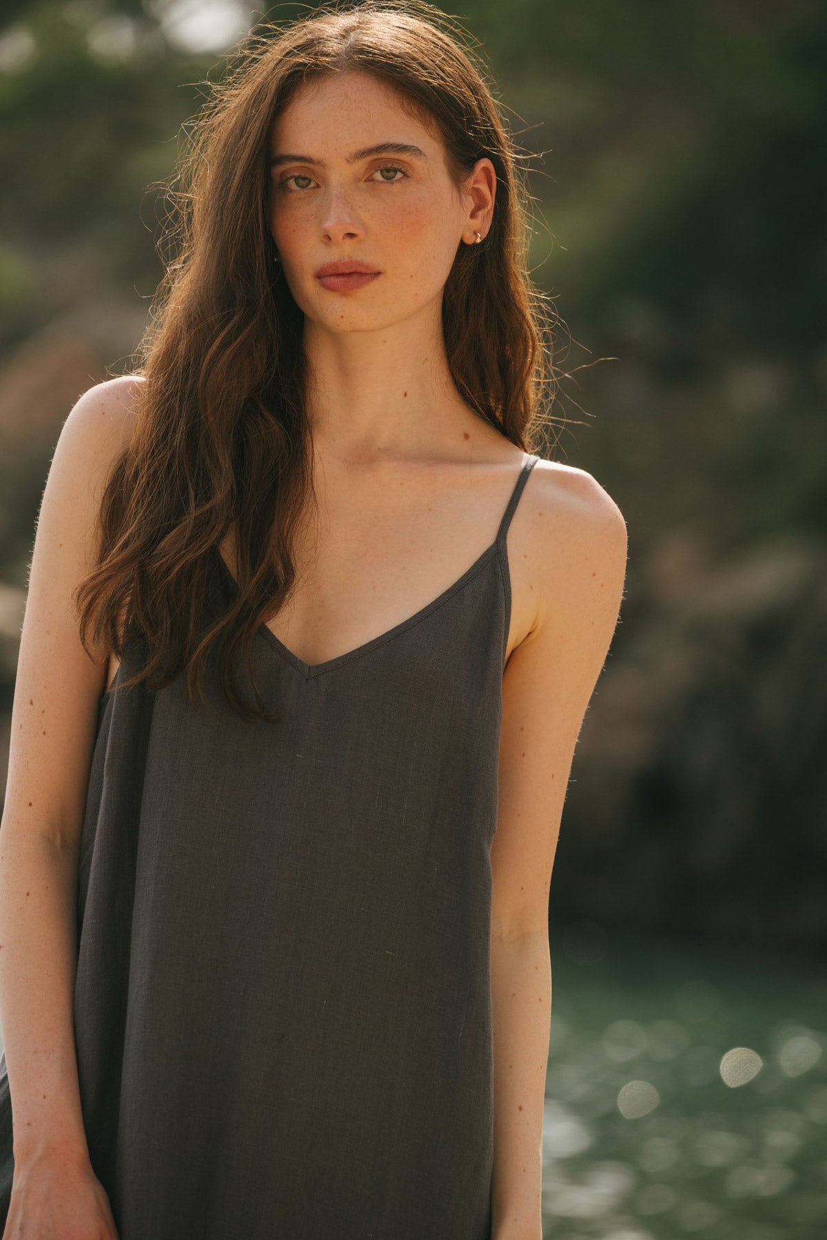 Jakarta long linen dress in Charcoal