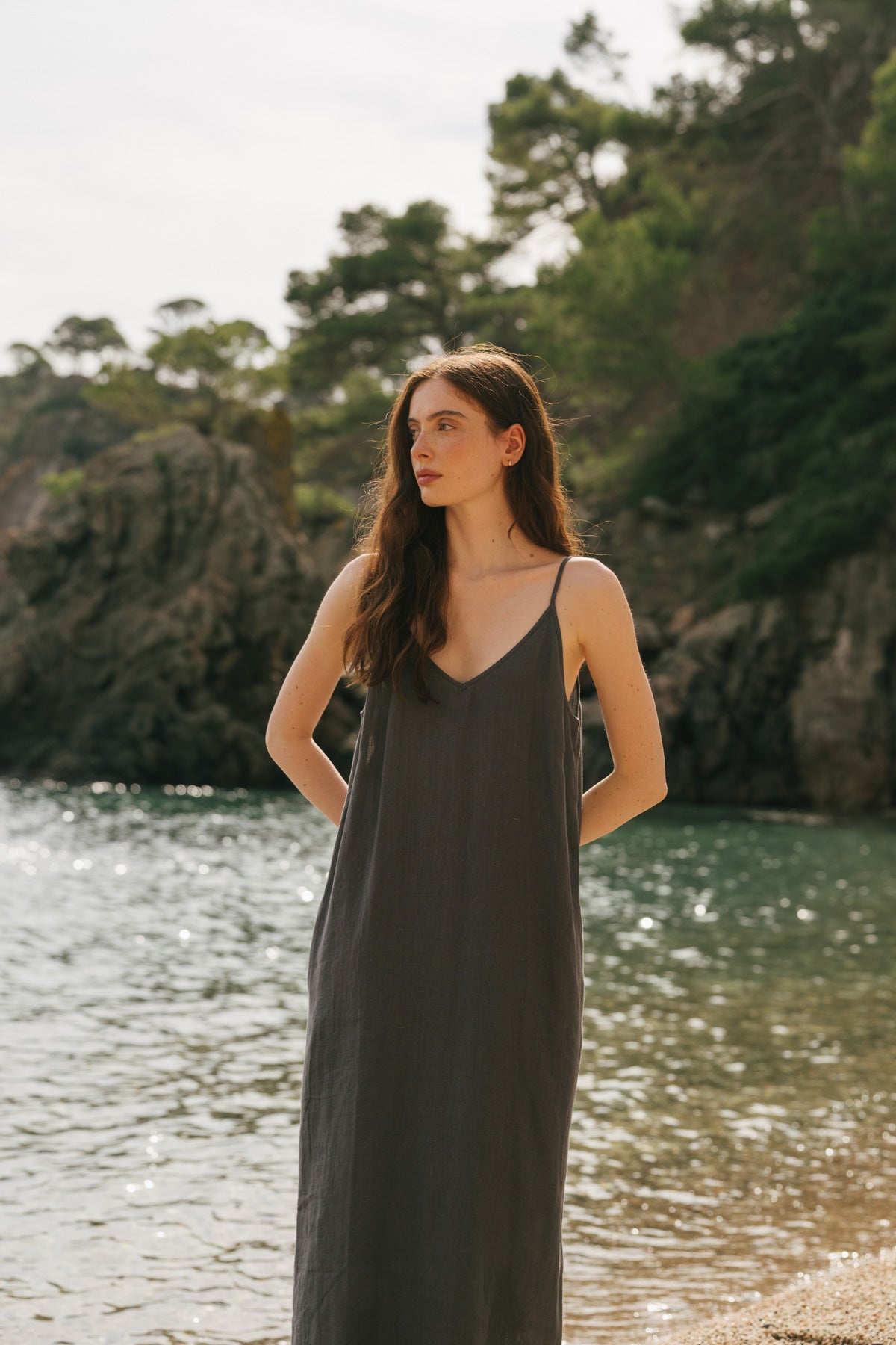 Jakarta long linen dress in Charcoal