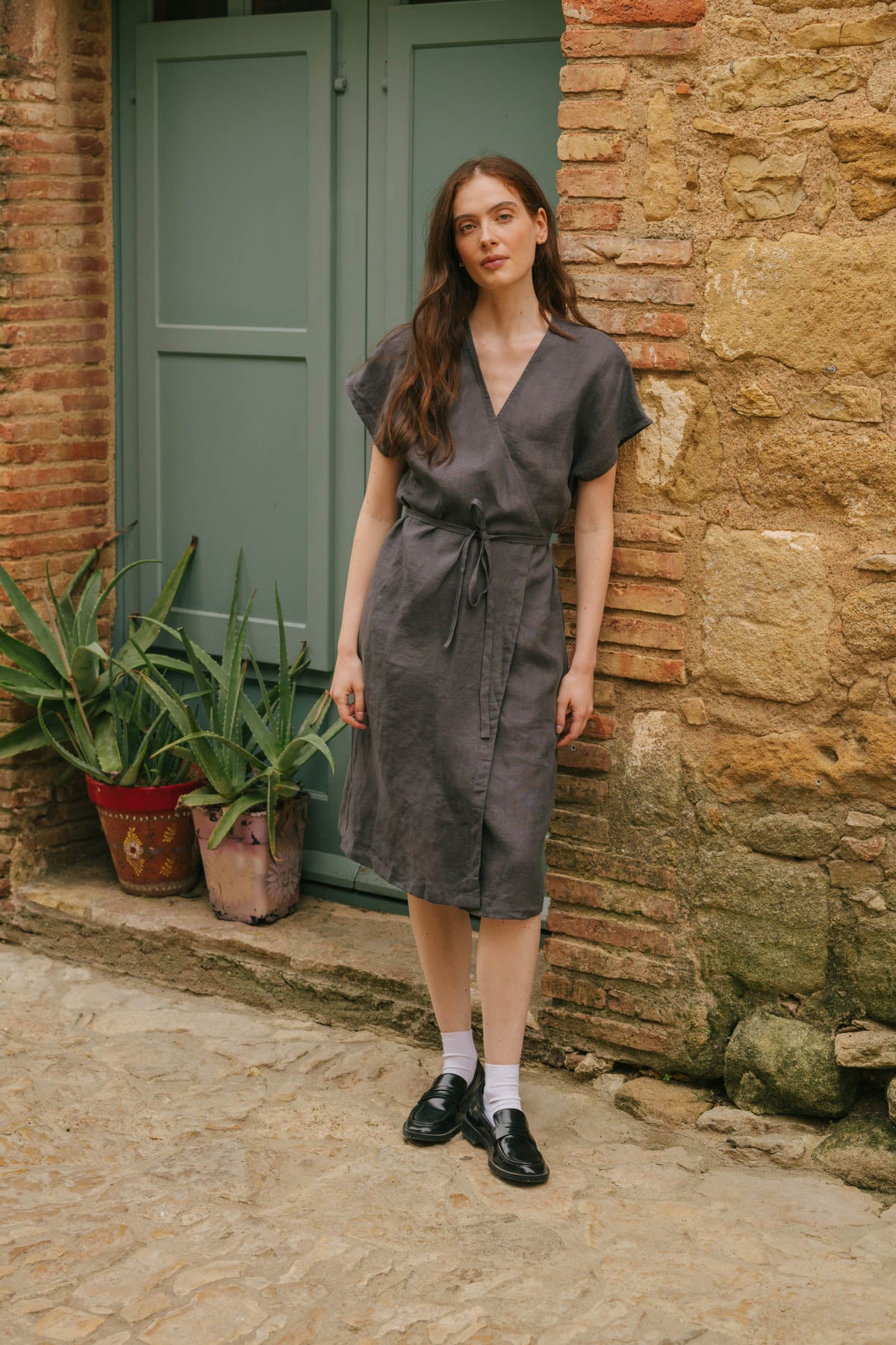 Olivia linen wrap dress in Charcoal