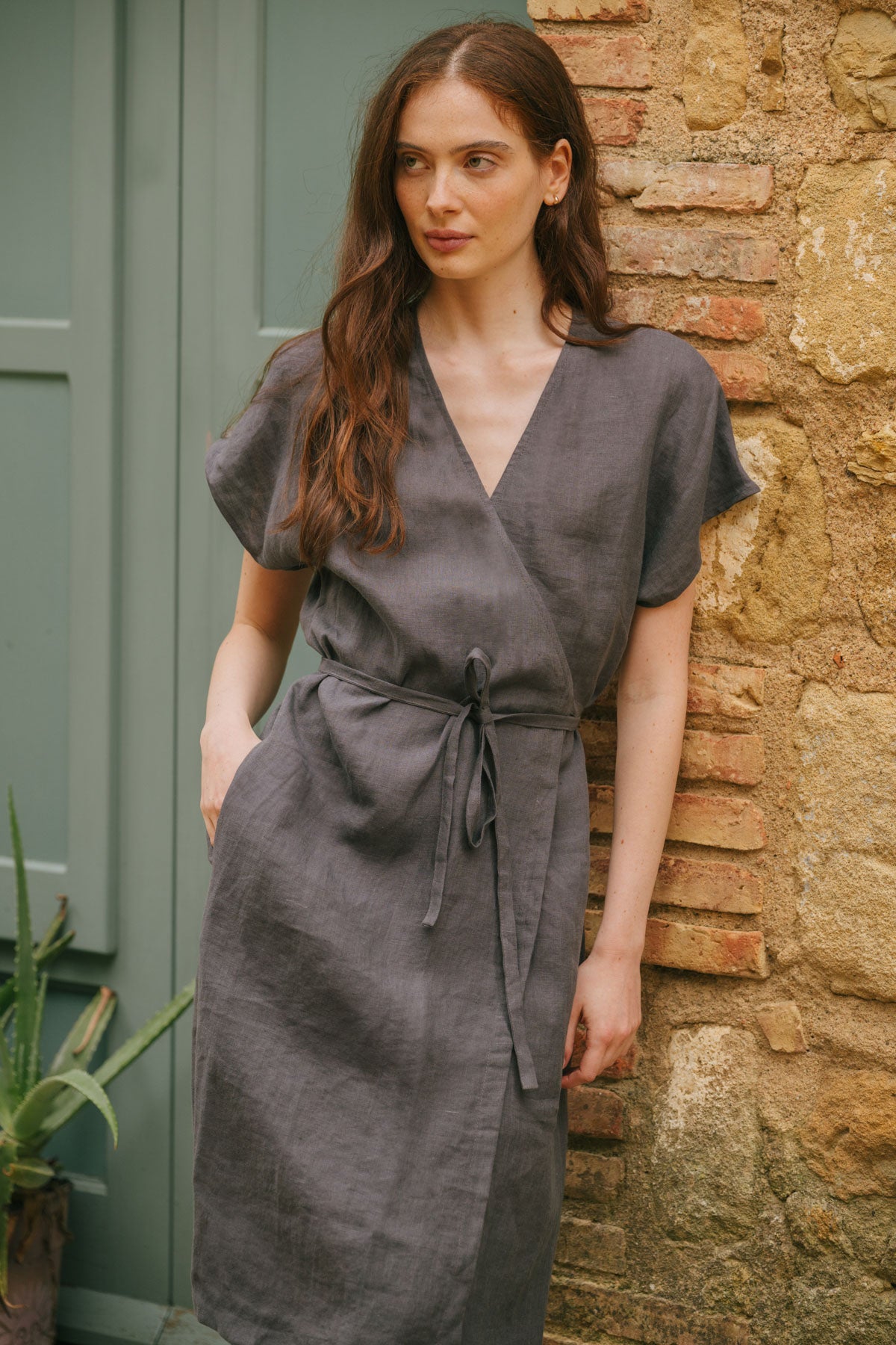 Olivia linen wrap dress in Charcoal