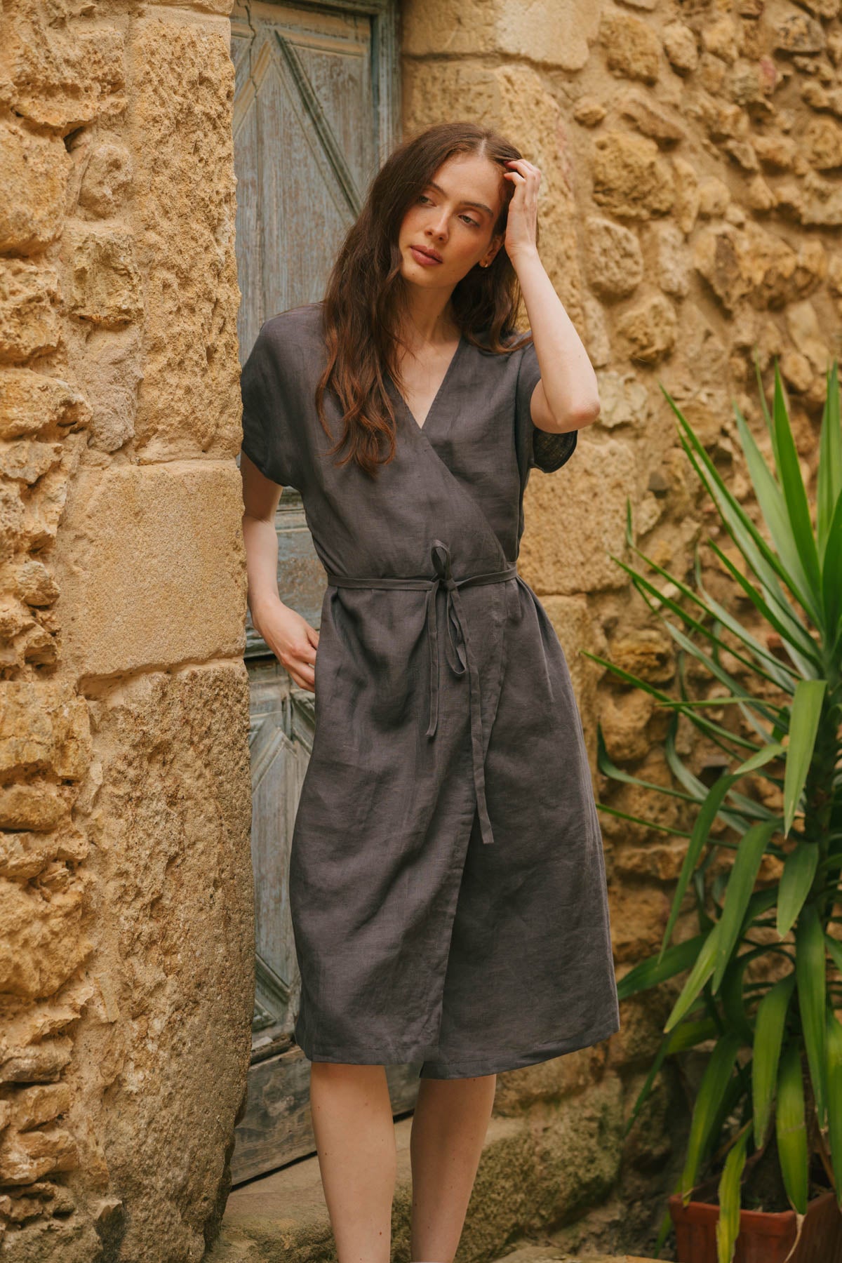 Olivia linen wrap dress in Charcoal