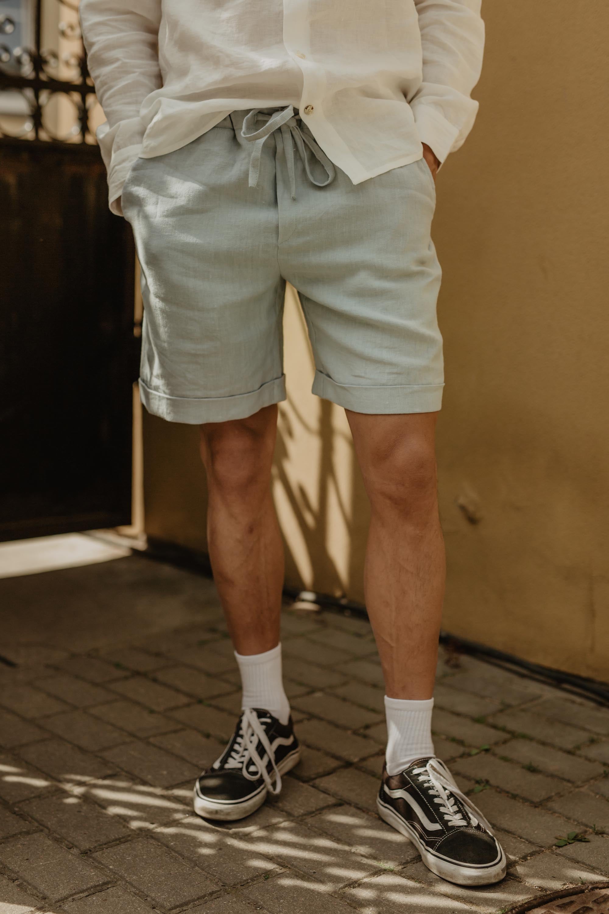 Close Up of Sage Green Linen Shorts Front View