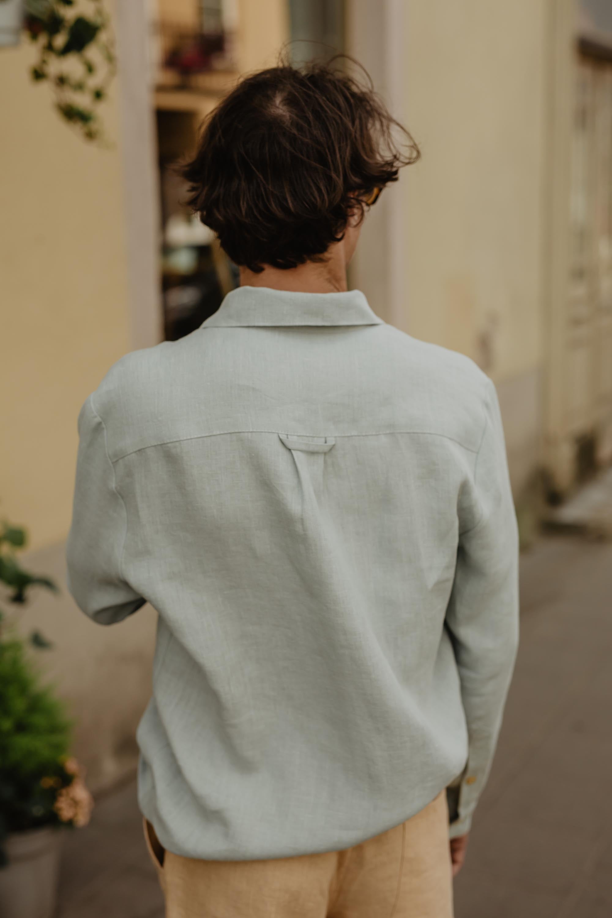 Back View Of Sage Green Classic Linen Shirt