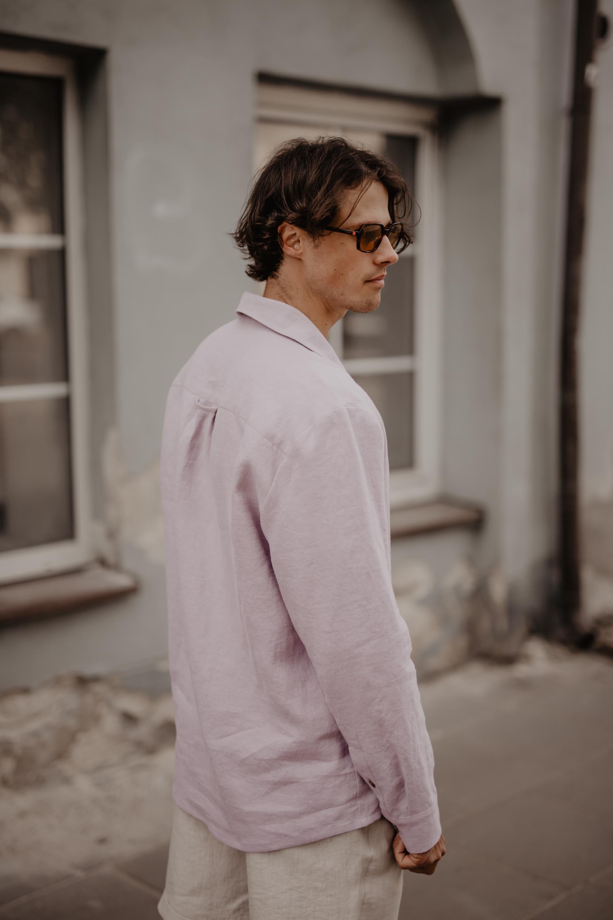 Man Wearting Cotton Candy Color Classic Linen Shirt Looking To The Side