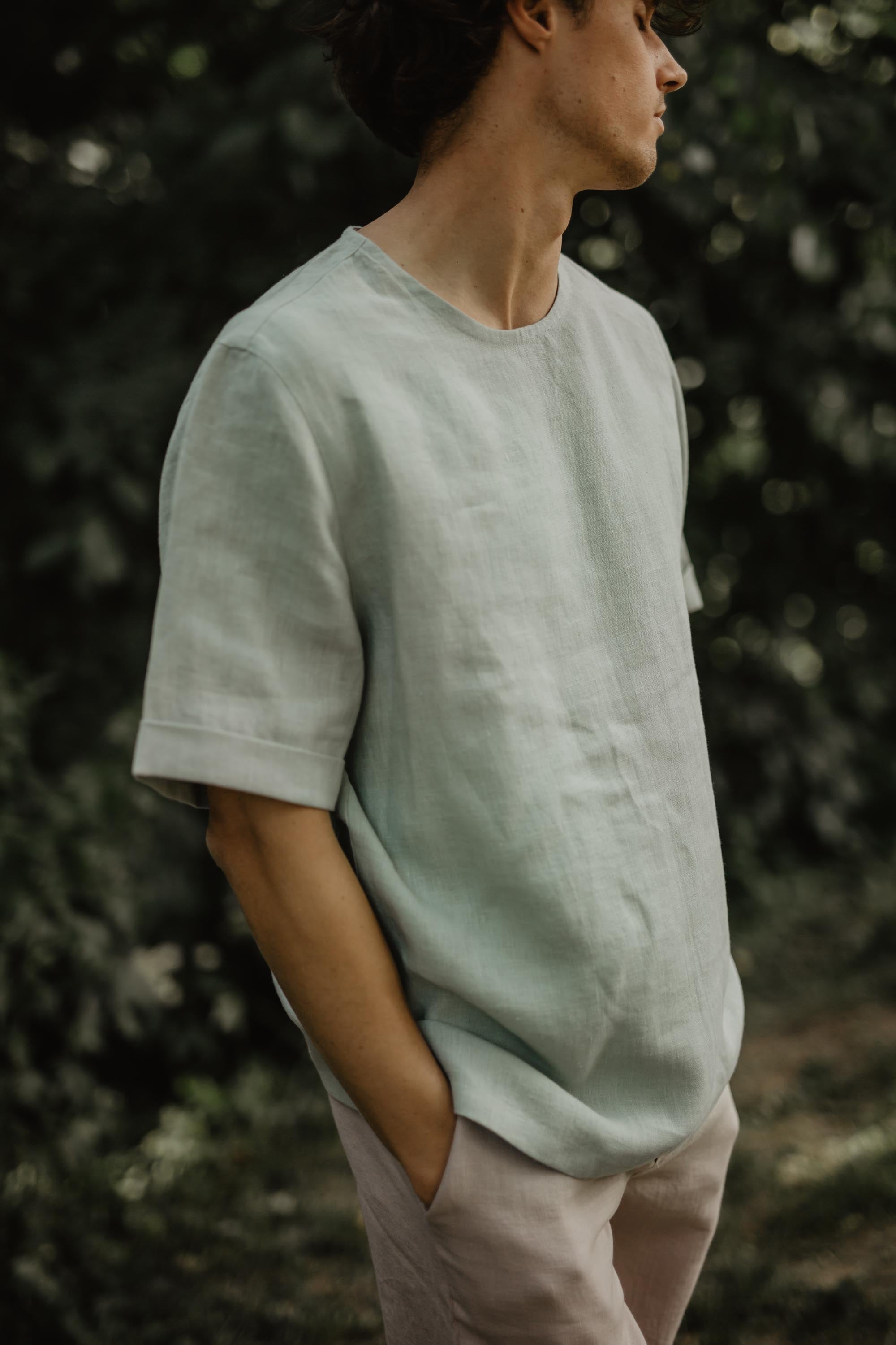 Side View Of Sage Green Linen Oversized T-Shirt