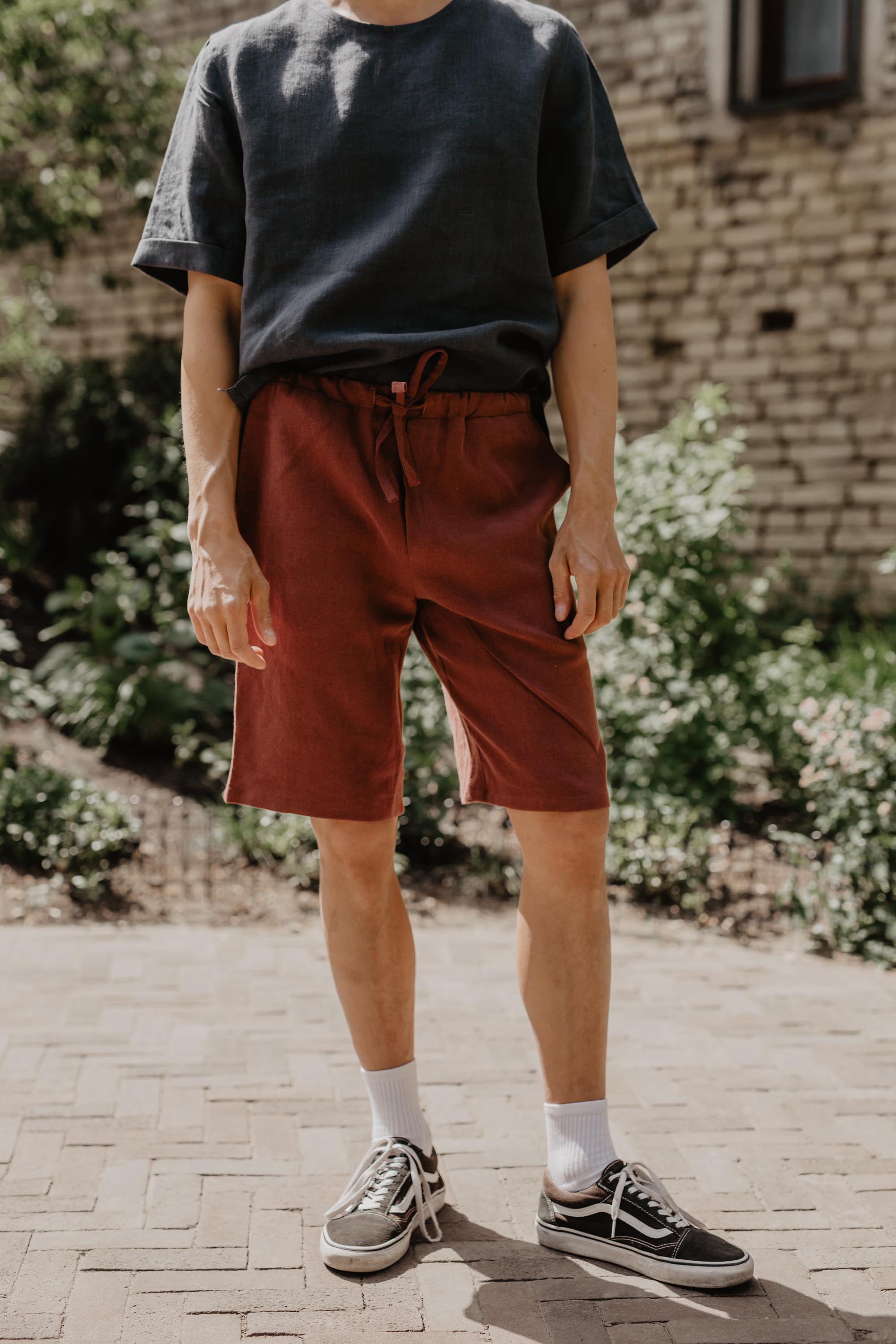Front Of Terracotta Linen Shorts