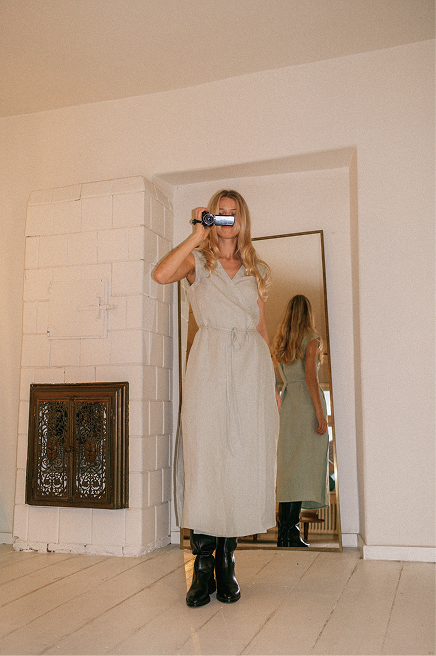 Aurora mid length linen dress in Sage Green