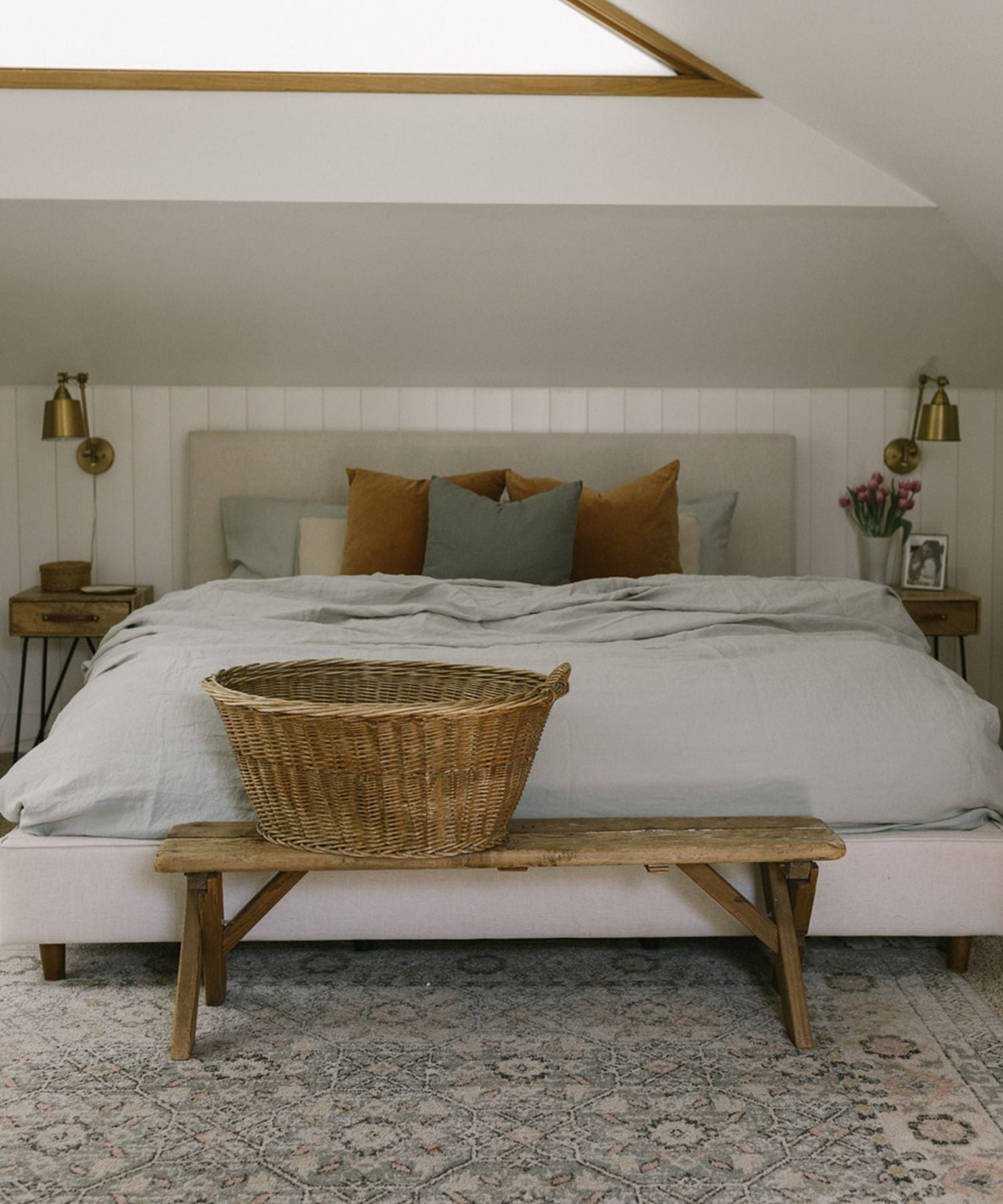A Bed With Light Blue Linen Bedding Fitting In Rustic Home Decour