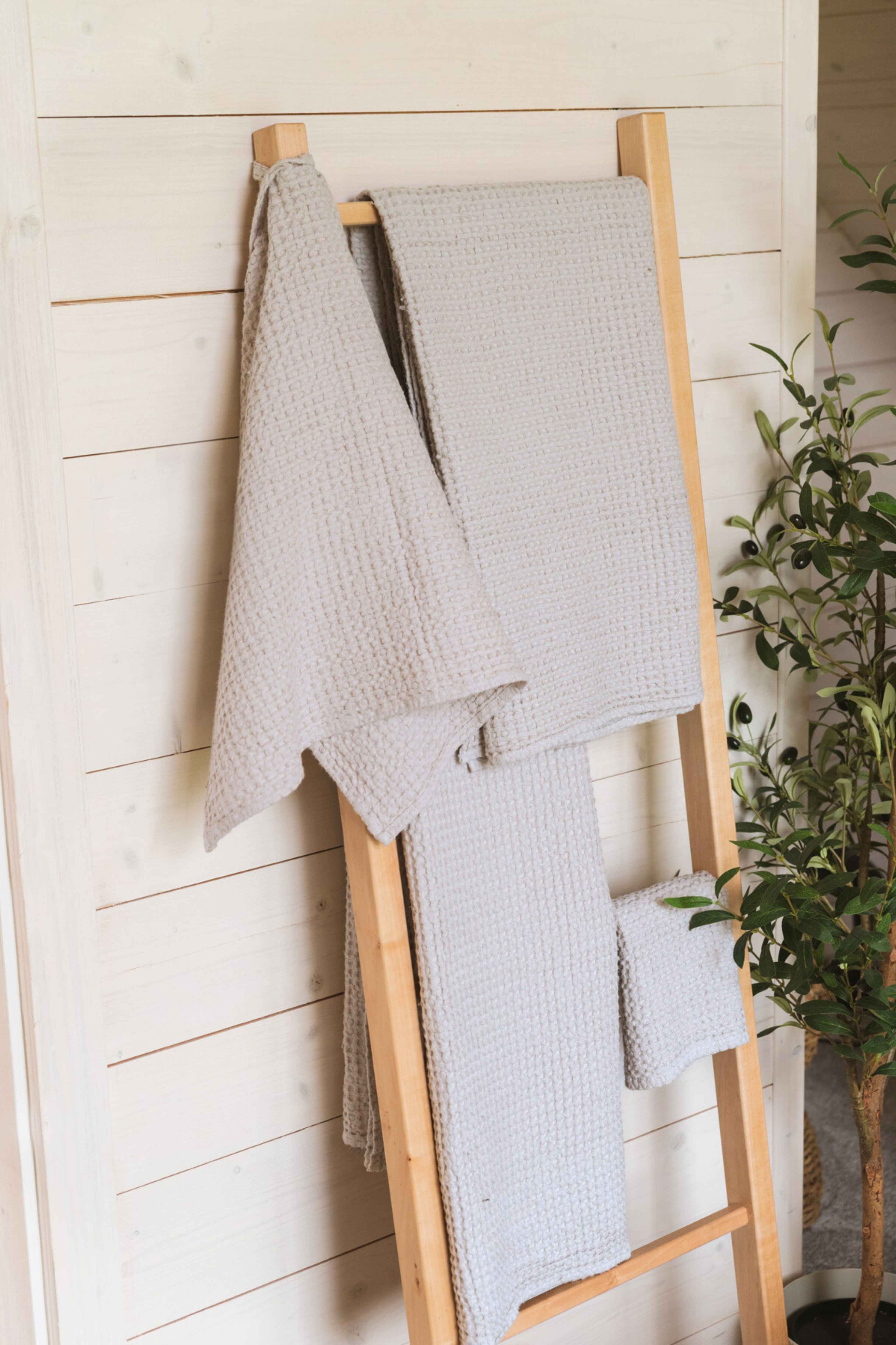 Linen waffle towel set in Cream (3 pcs)