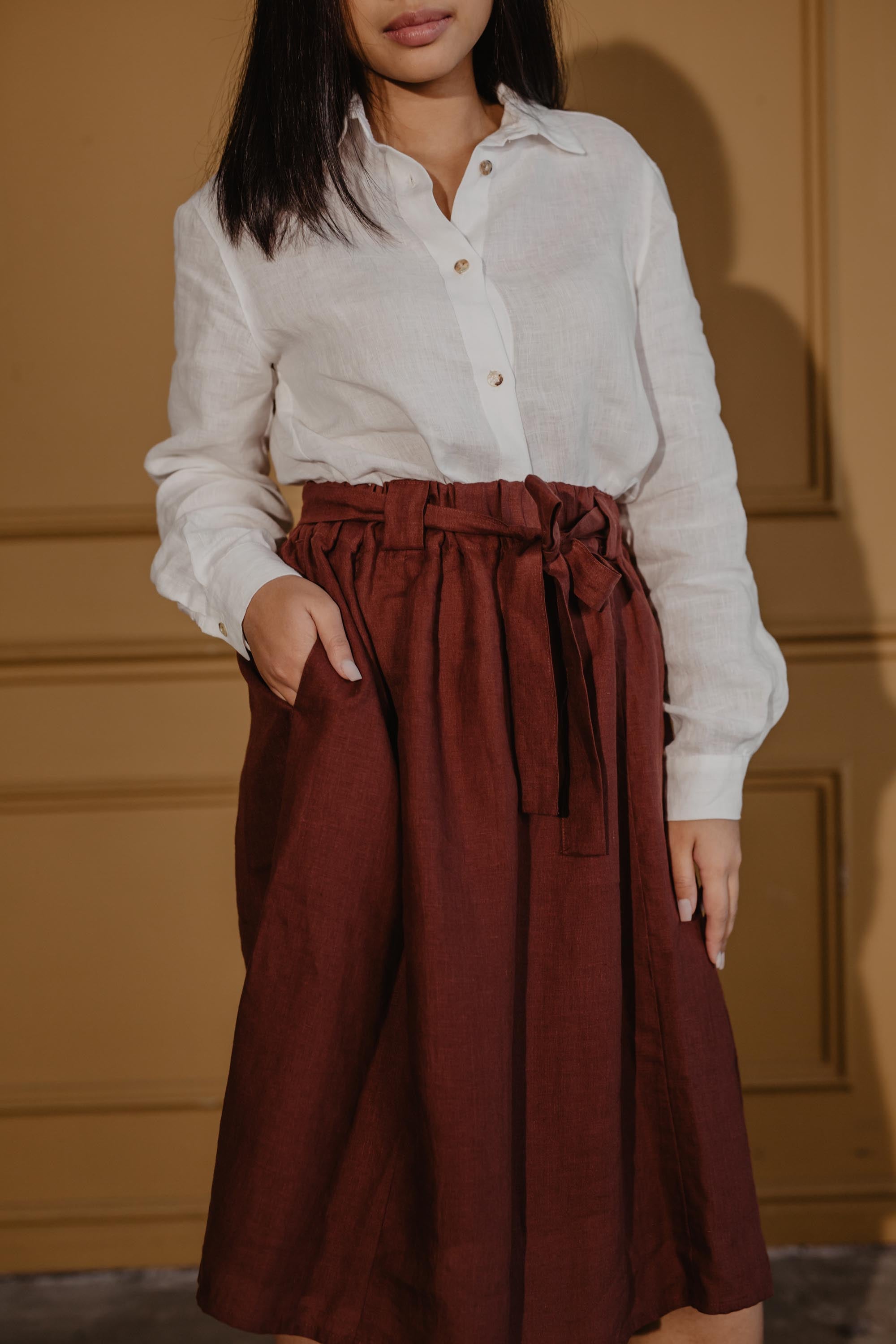 Close Up Of Woman Wearing A Bergen Mid-length Linen Skirt By AmourLinen