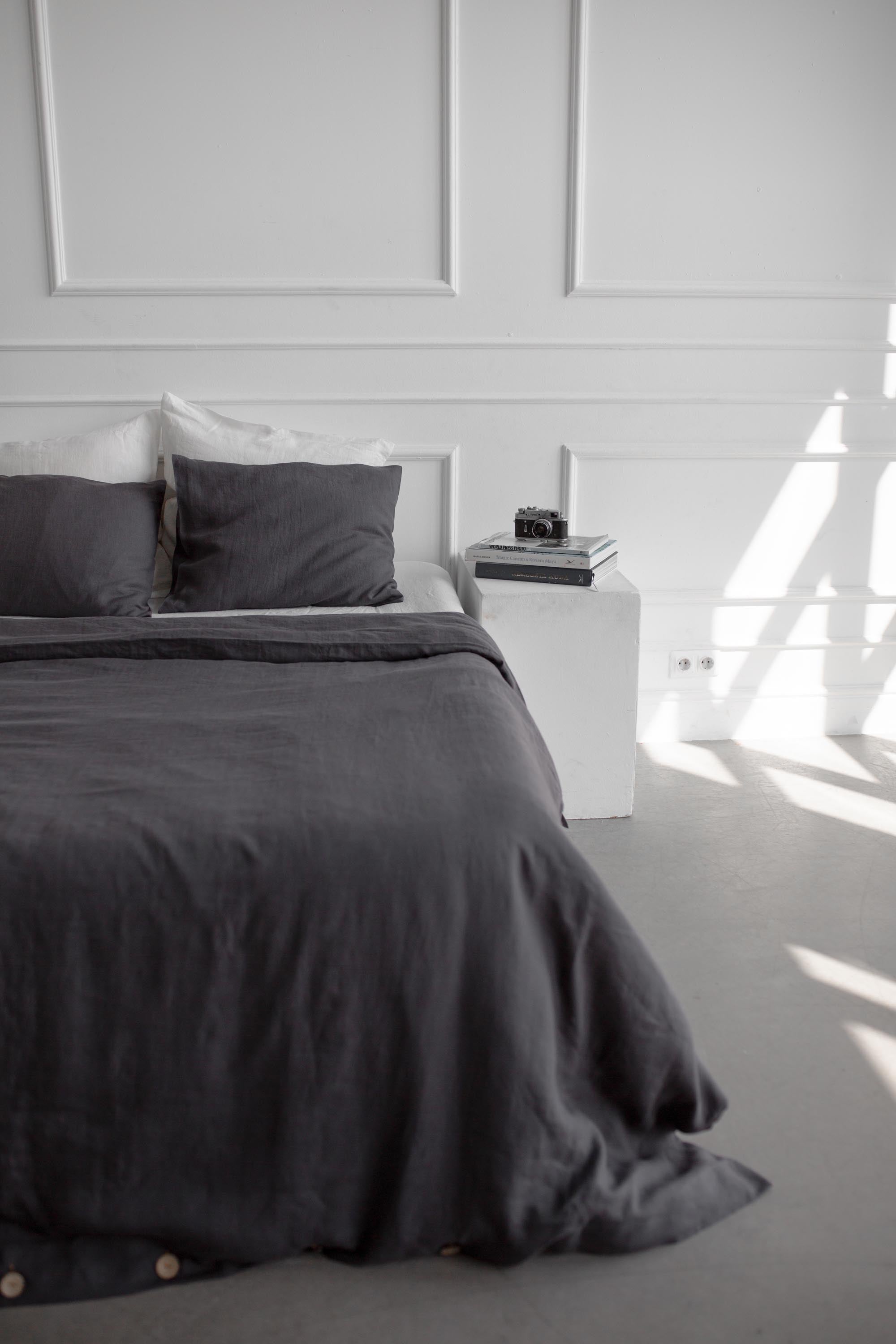 Corner of Bed With Charcoal Linen Duvet Cover By AmourlInen