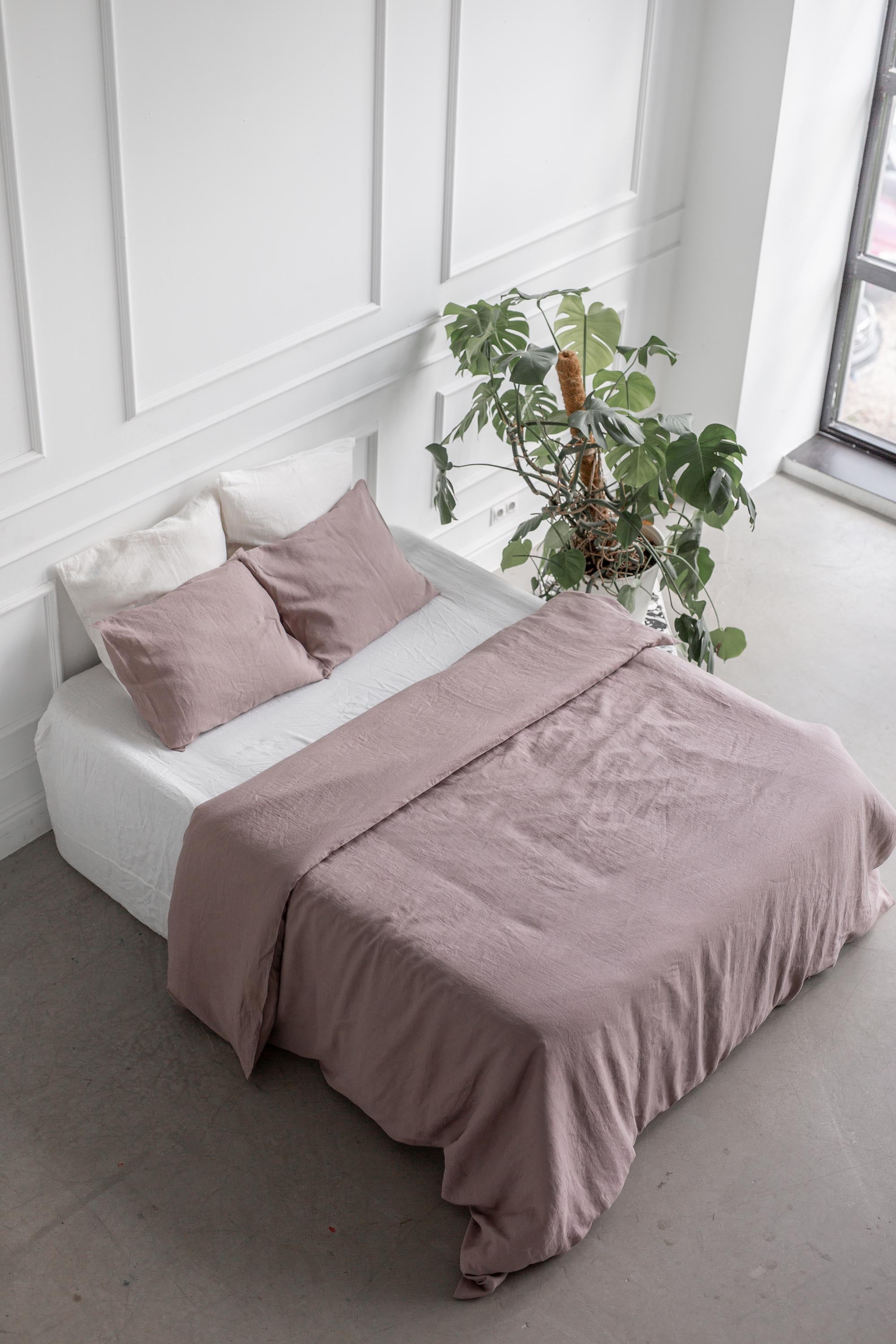 Bed in A white Spacious Room With A LInen Bedding Set In Rosy Brown BY AmourLinen