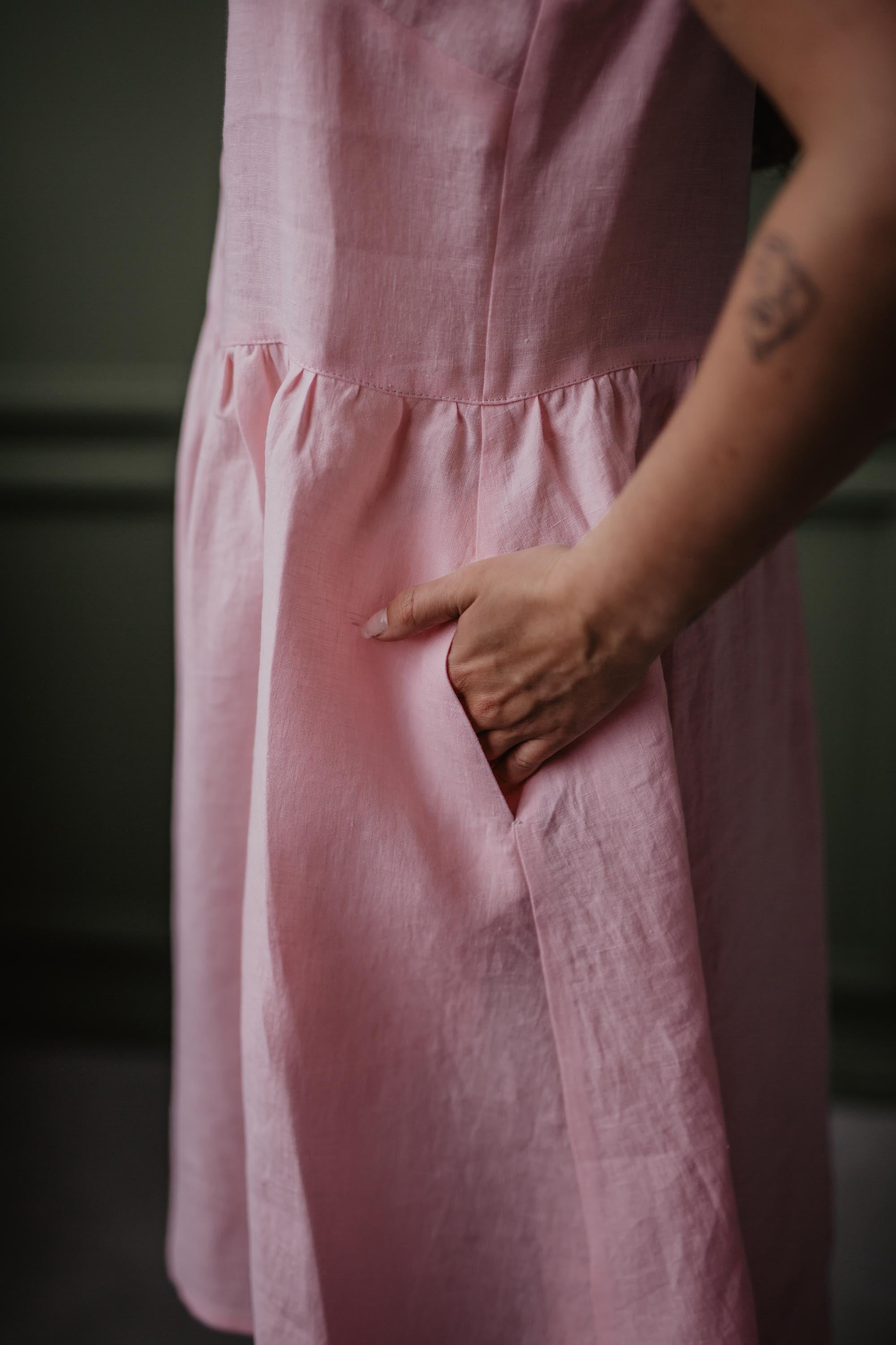 Close Up of Light Pink Sleeveless Linen Summer Dress Side by Amourlinen