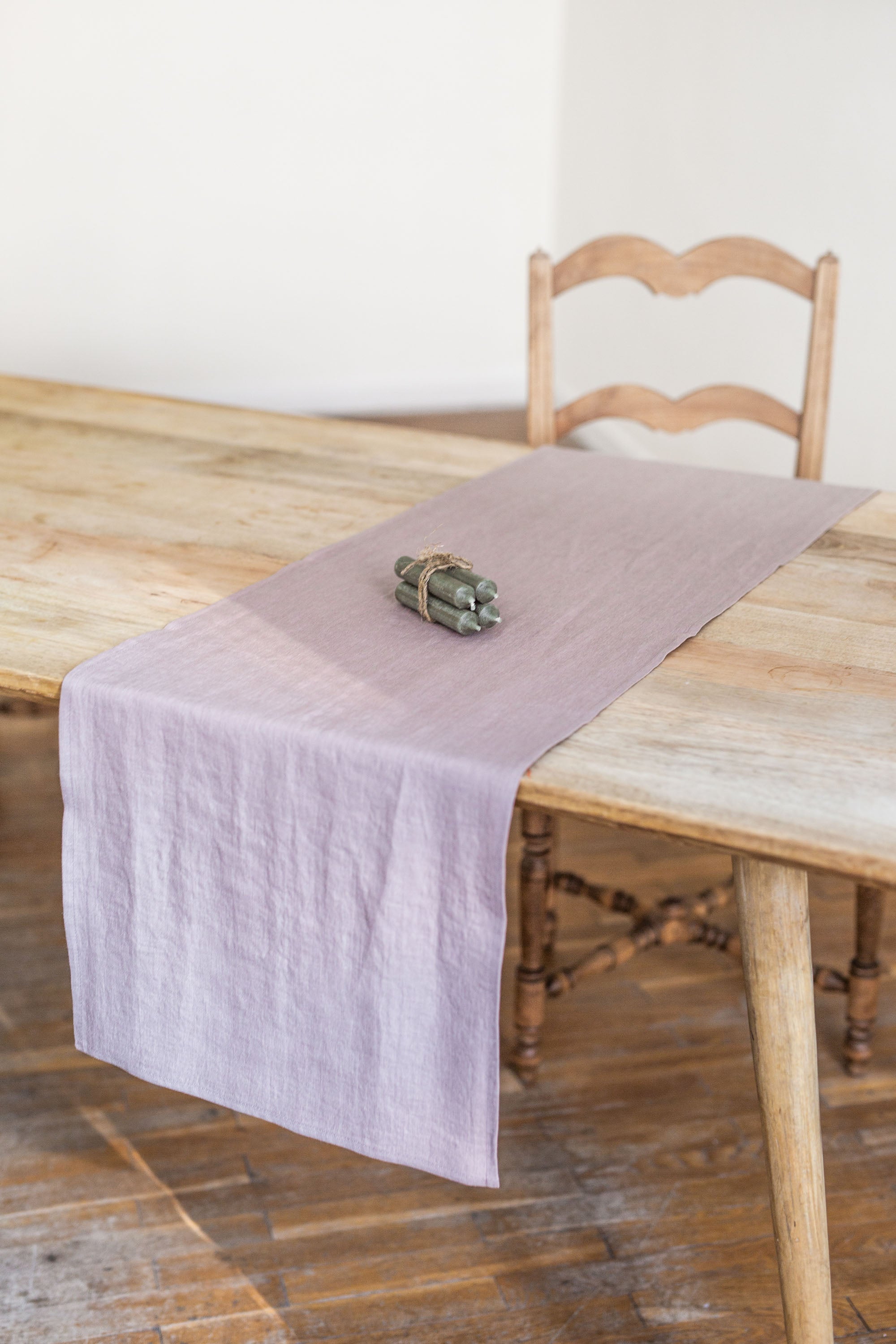 Side View OF Rustic Dinner Table With Dusty Rose Linen Table Runner By AmourlInen