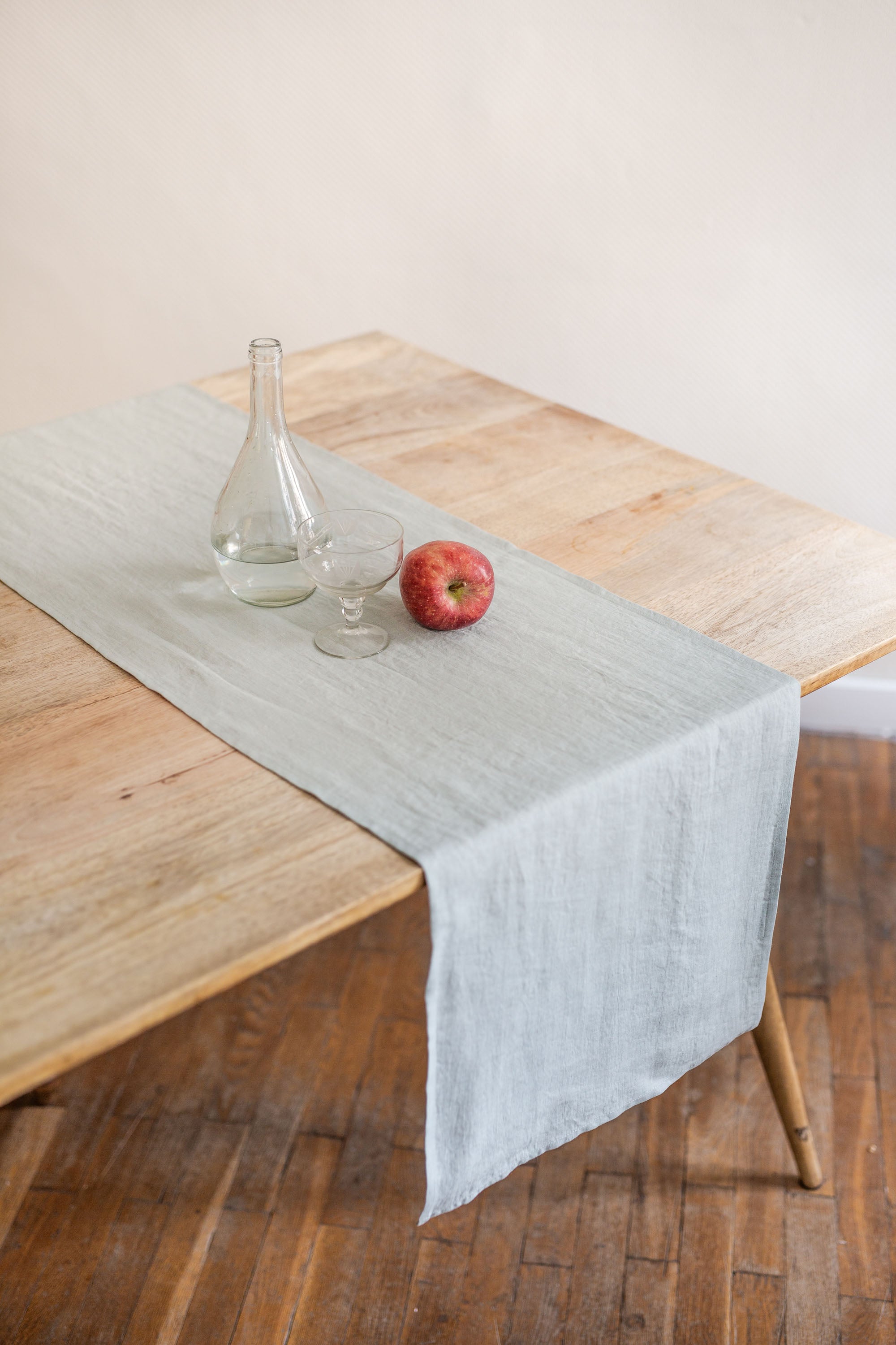 Rustic Dinner Table With Sage Green Linen Table Runner By AmourlInen