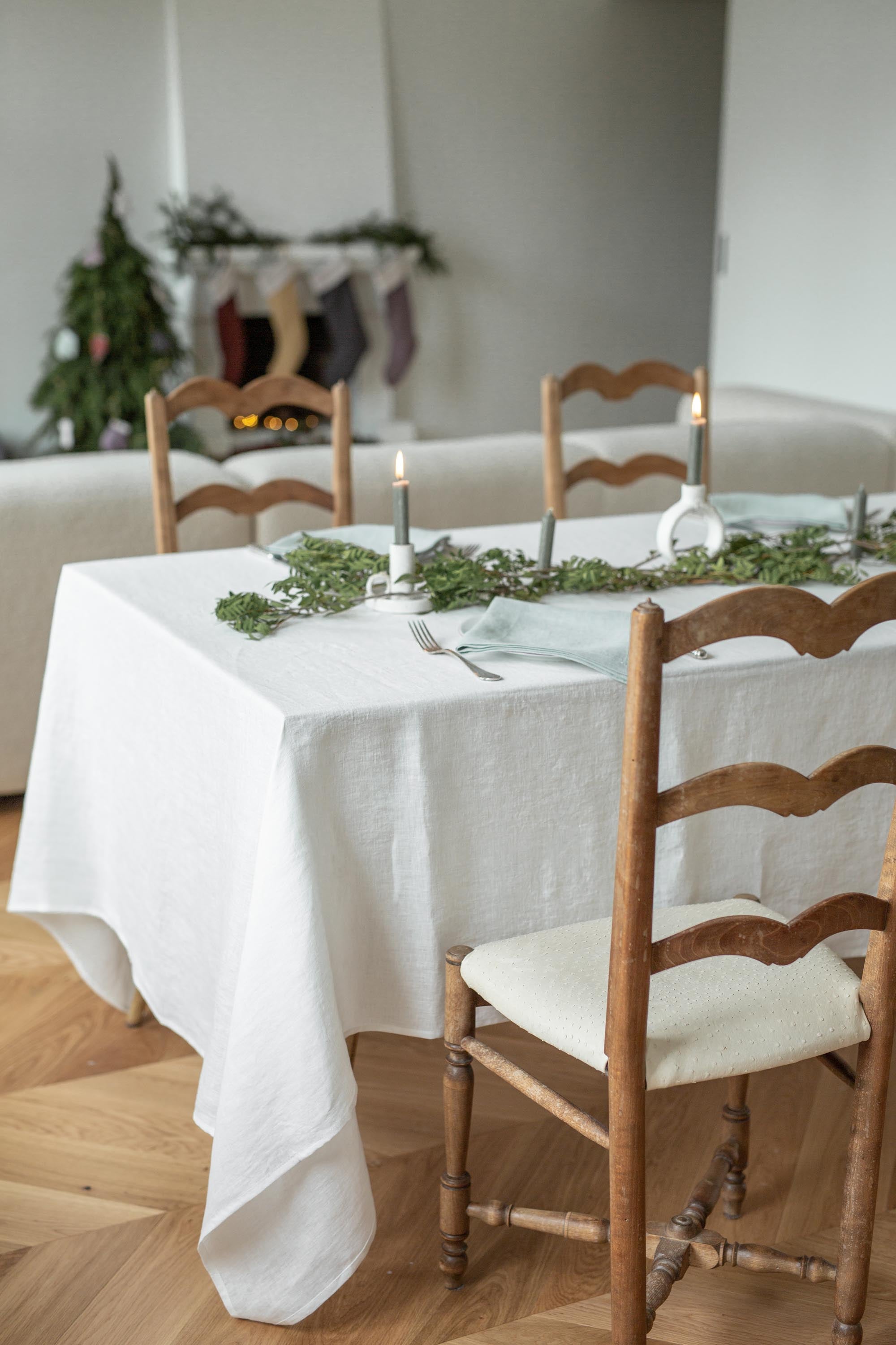 Dinner Table With White Linen Tablecloth By AmourLinen