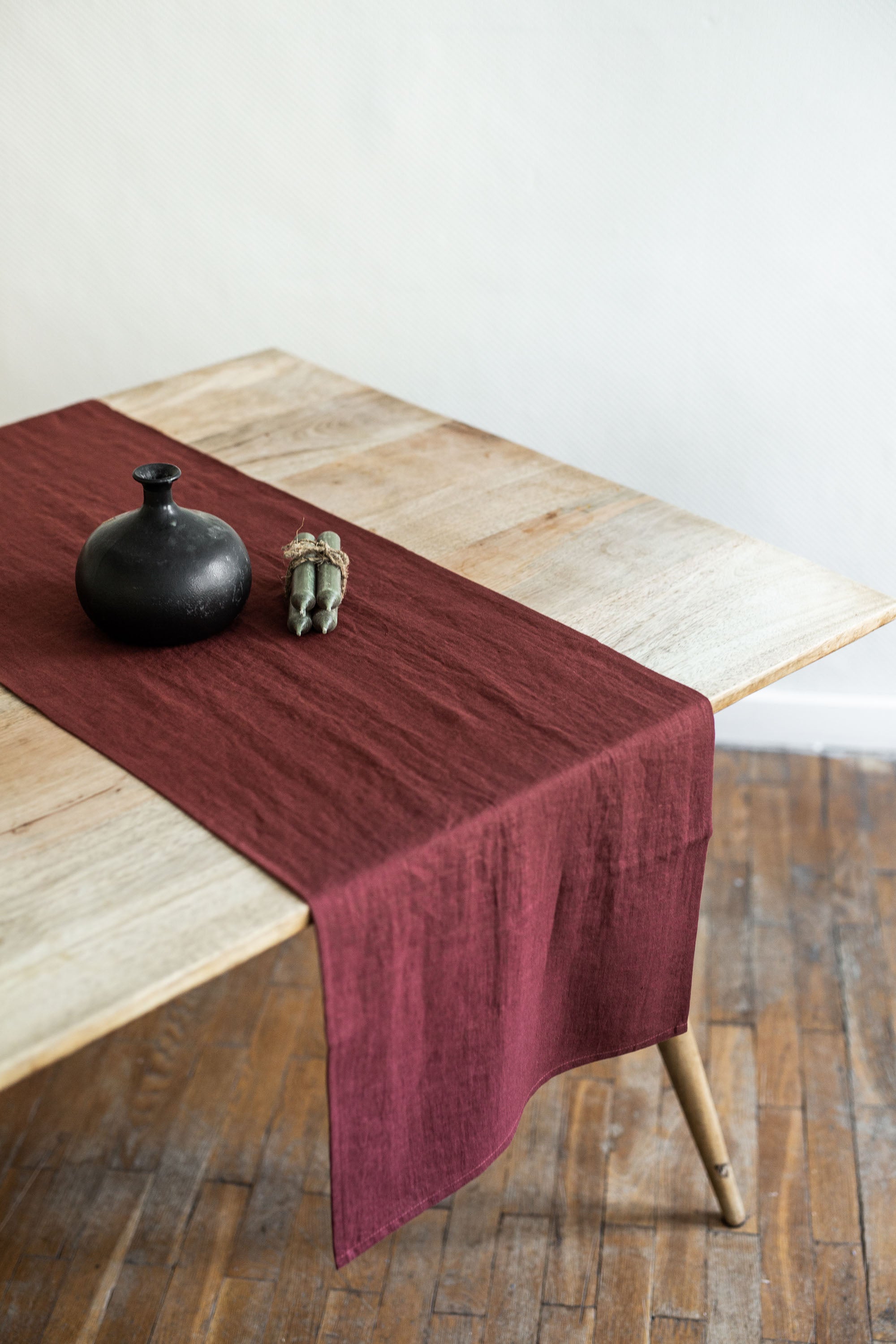 Rustic Dinner Table With Terracotta Linen Table Runner By AmourlInen
