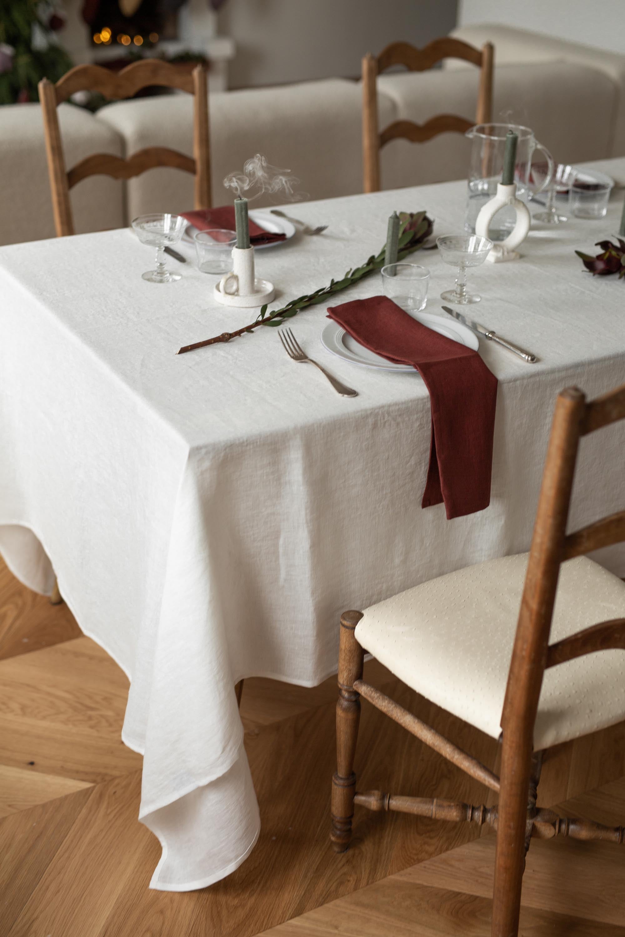 Set Dinner Table With White Linen Tablecloth By AmourLinen