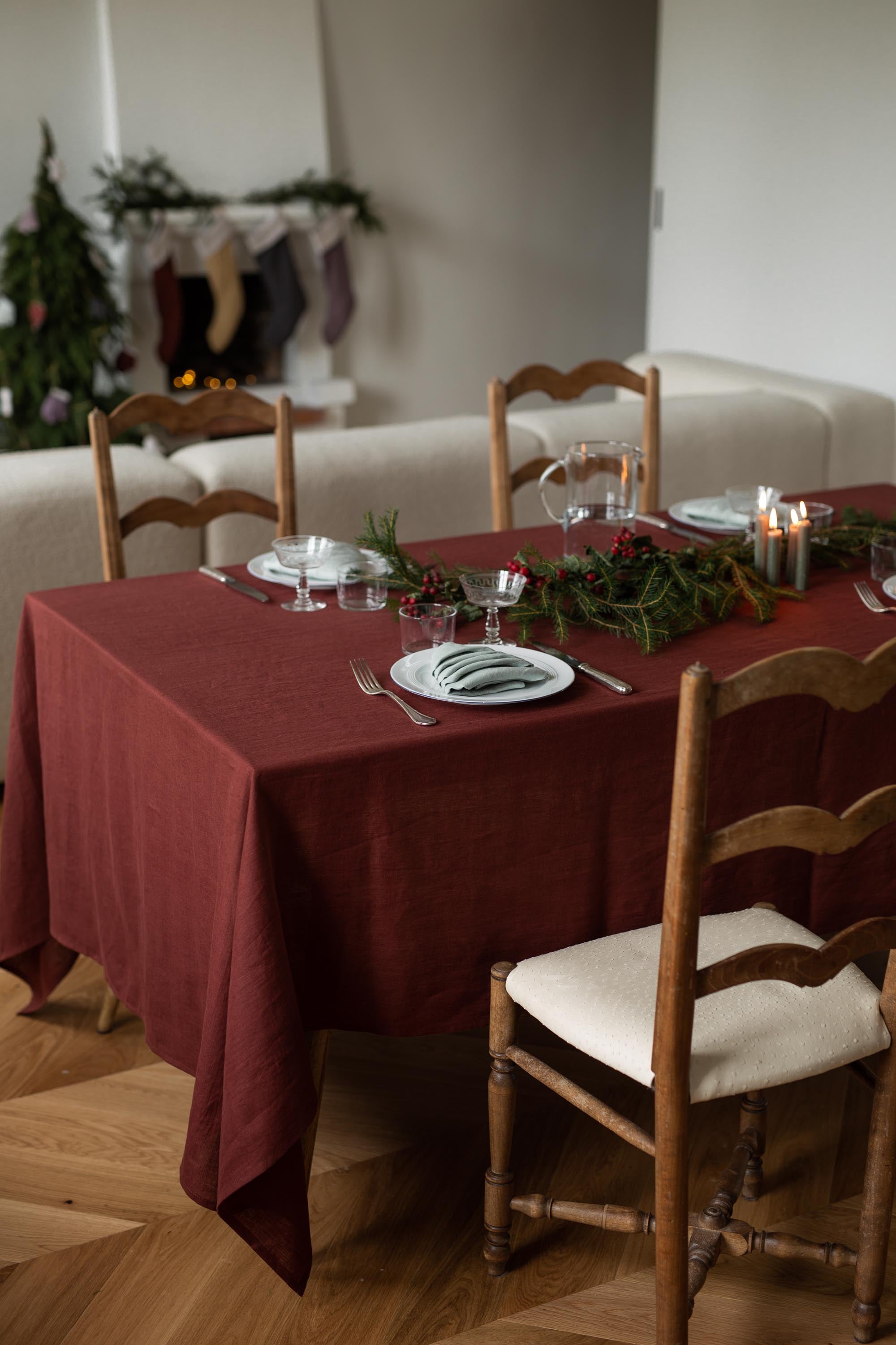 Close Up Of Set Dinner Table With Terracotta Linen Tablecloth By Amourlinen