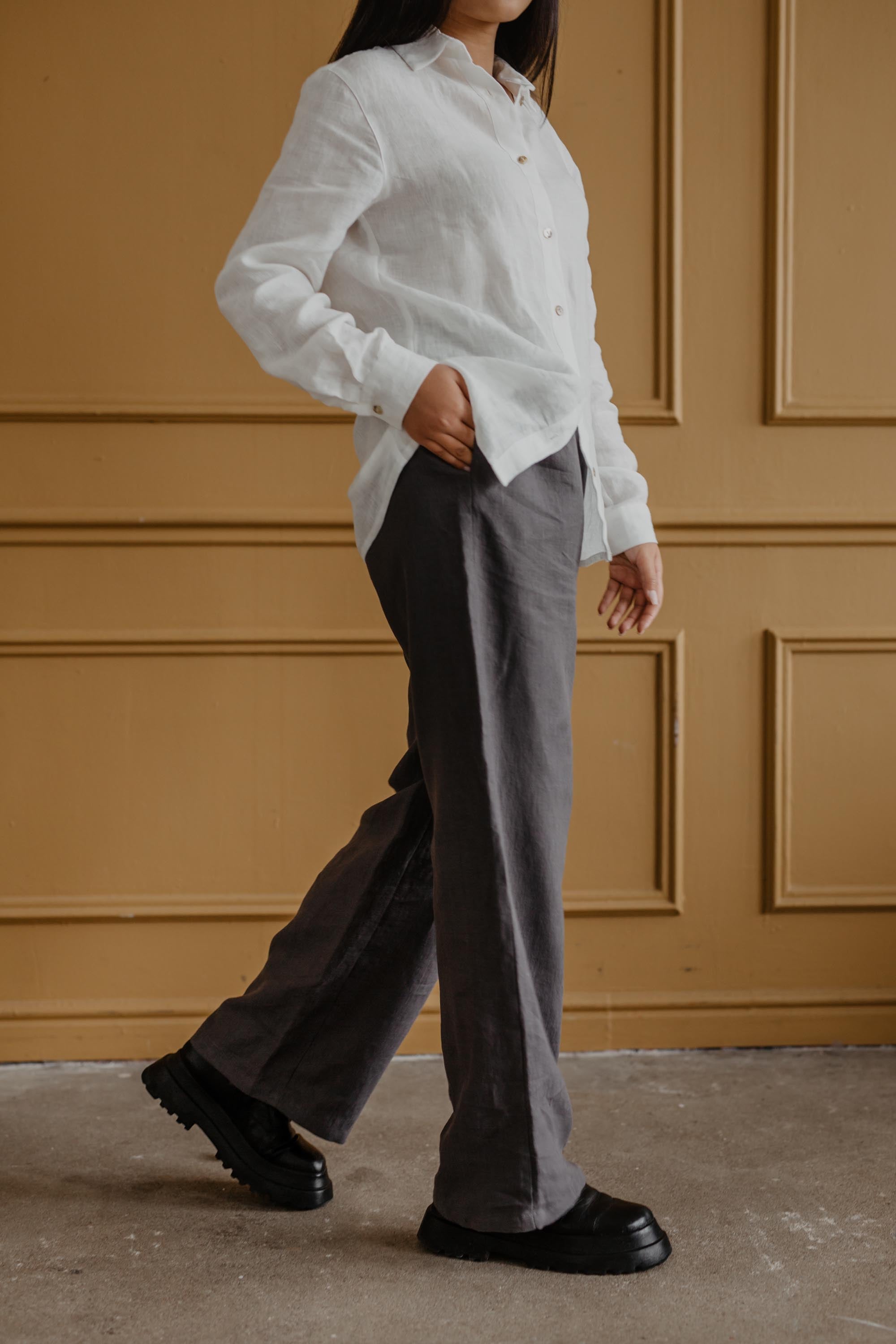 Woman Wearing Super Long Linen Pants In Grey And White Linen Shirt By AmourLinen