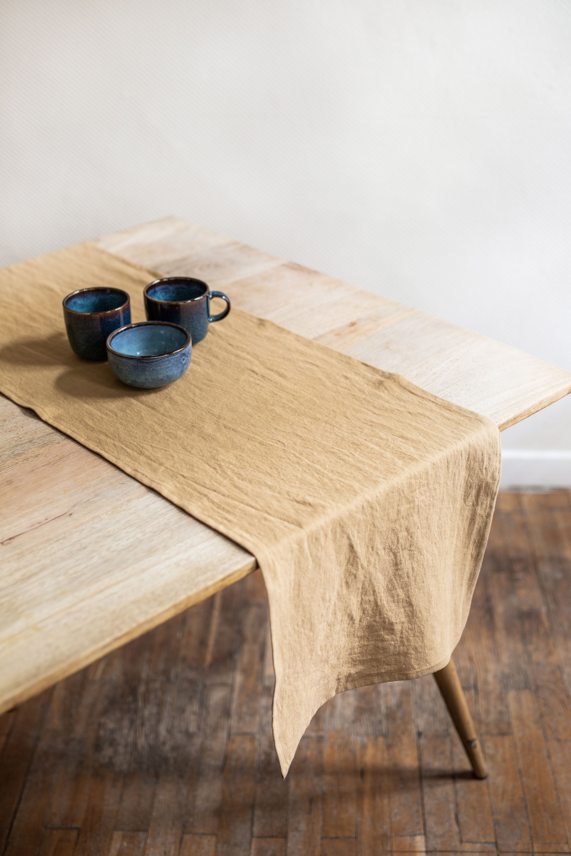 Rustic Dinner Table With Mustard Linen Table Runner By AmourlInen