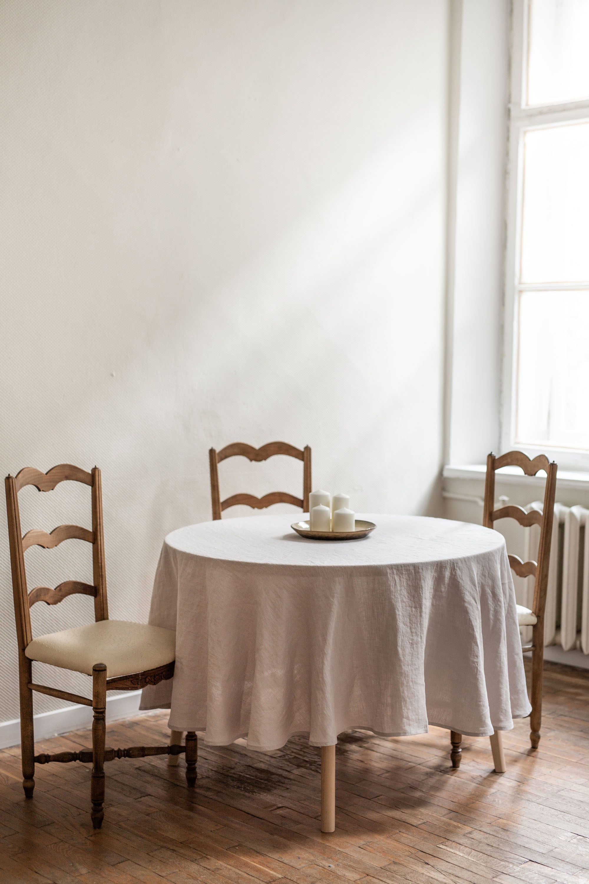 Rustic Dinner Table With Cream Linen Round Tablecloth By AmourlInen