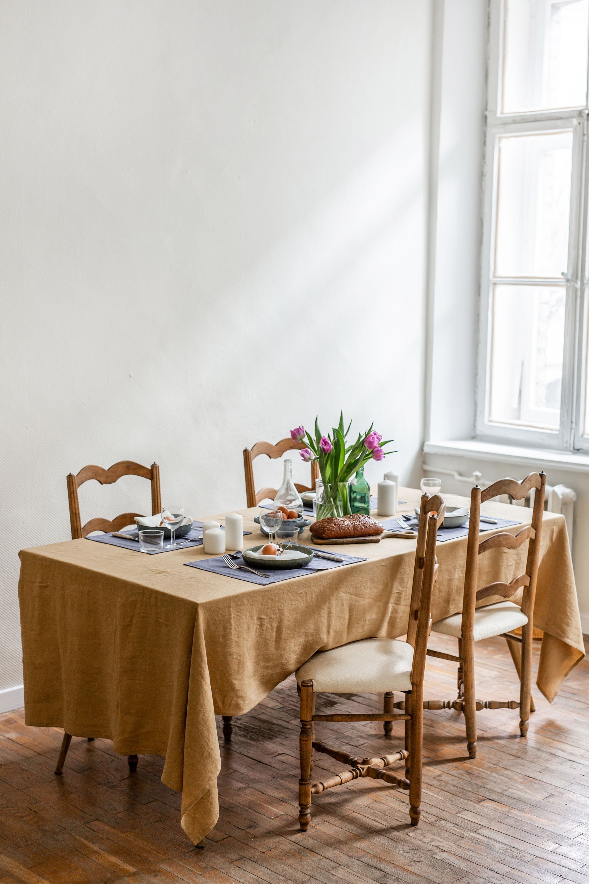 Set Table With Mustard Color Linen Tablecloth By AmourlInen