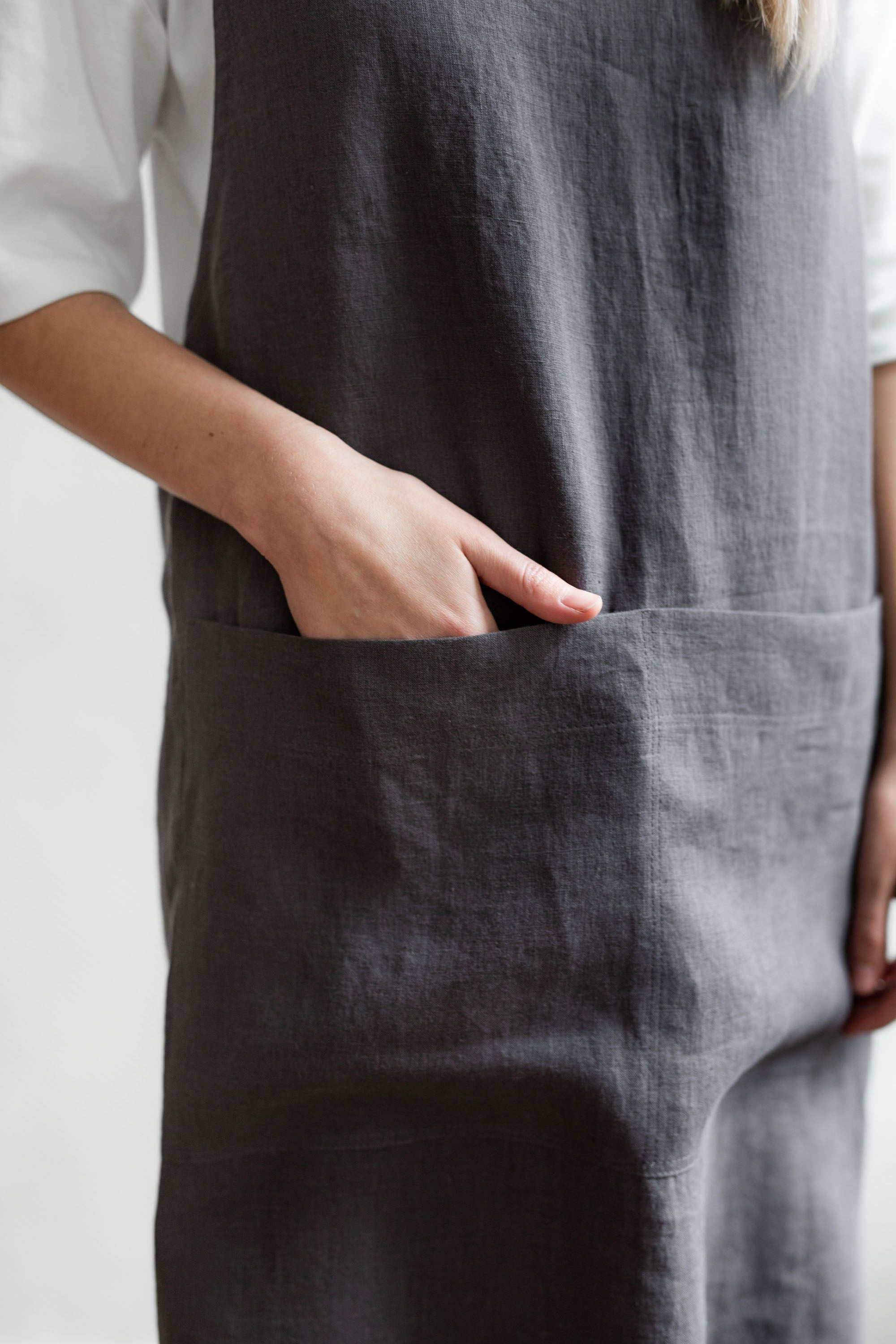 Close Up OF Pinafore Linen Apron In Charcoal Pocket By AmourlInen