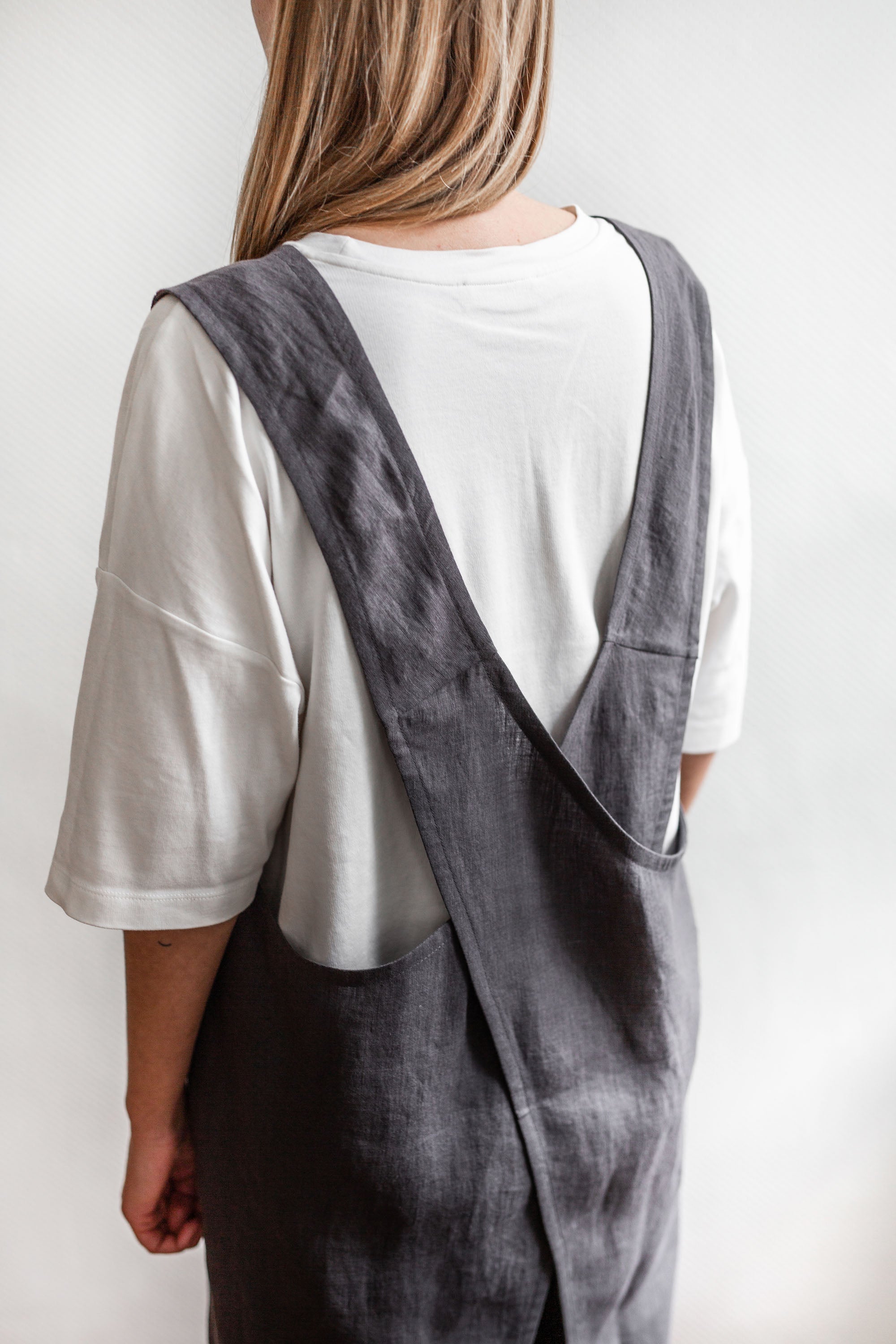Back Of Pinafore Linen Apron In Charcoal By AmourlInen